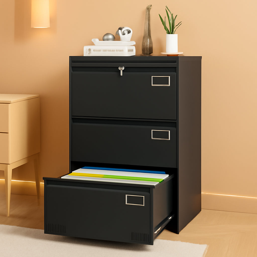Lateral File Cabinet 3 Drawer With Lock And Card Holder Black