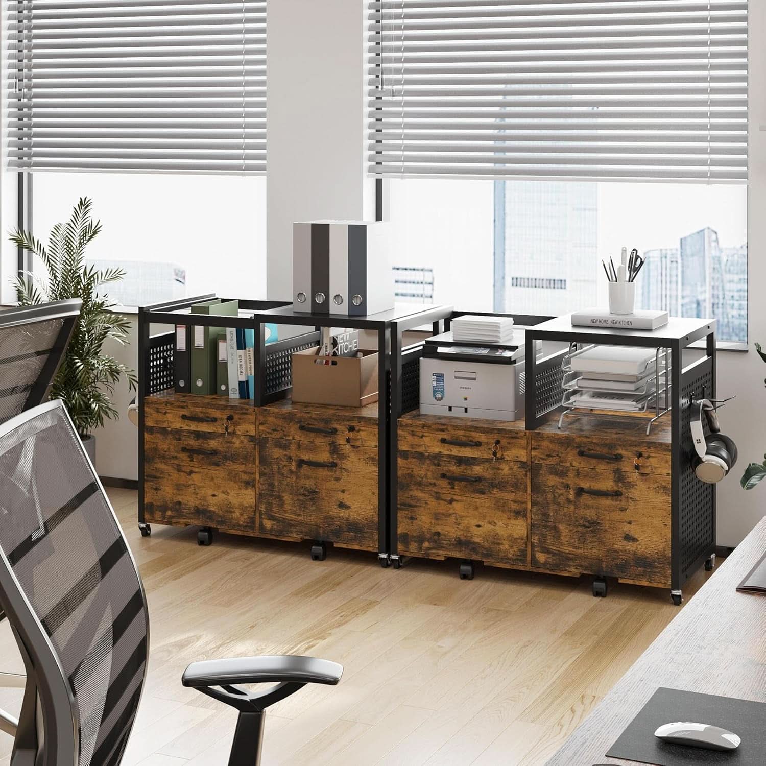 Lateral File Cabinet Printer Stand Drawers Rustic Brown