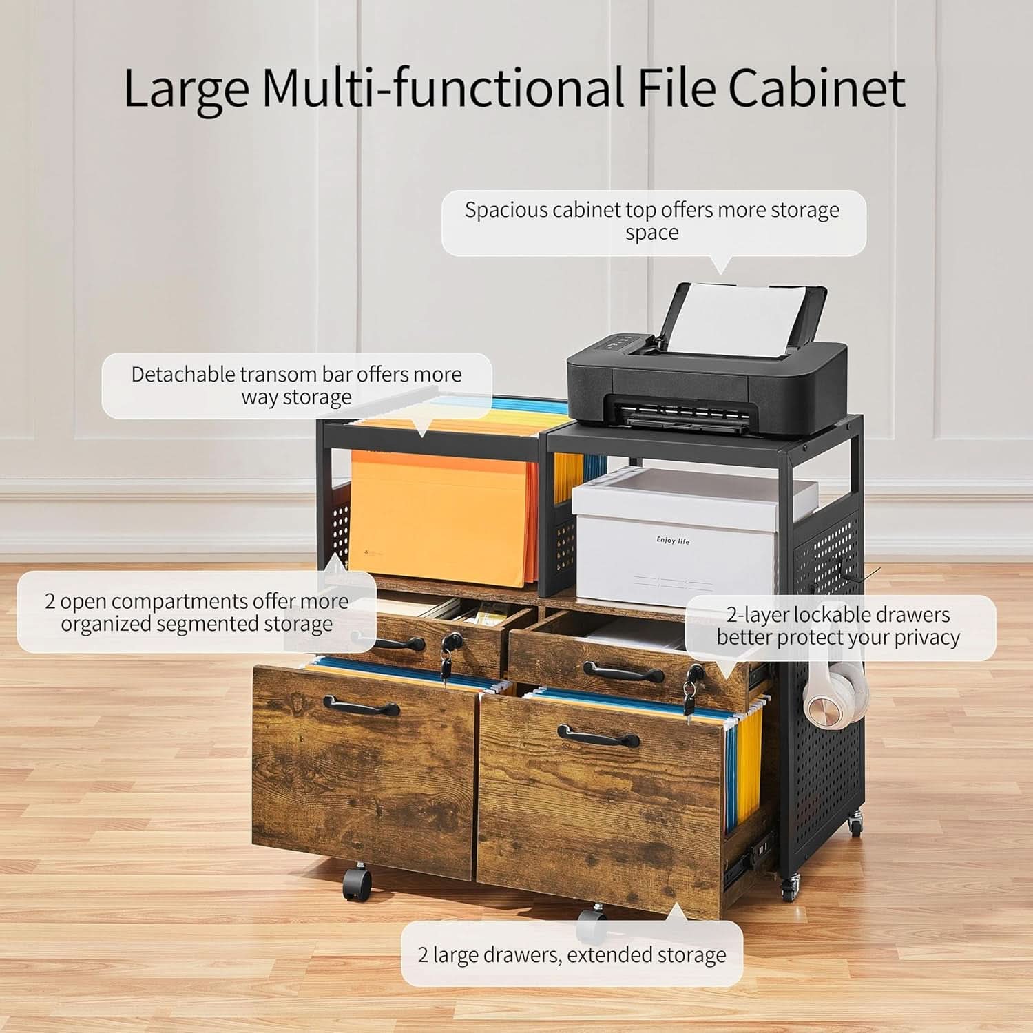 Lateral File Cabinet Printer Stand Drawers Rustic Brown
