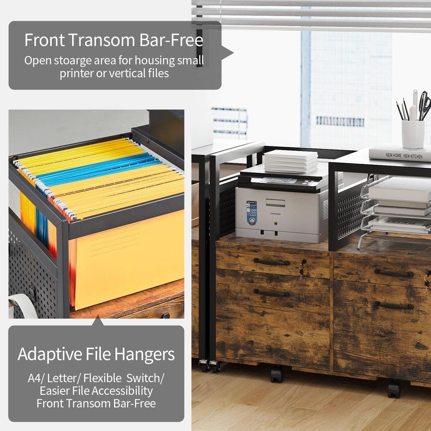 Lateral File Cabinet Printer Stand Drawers Rustic Brown