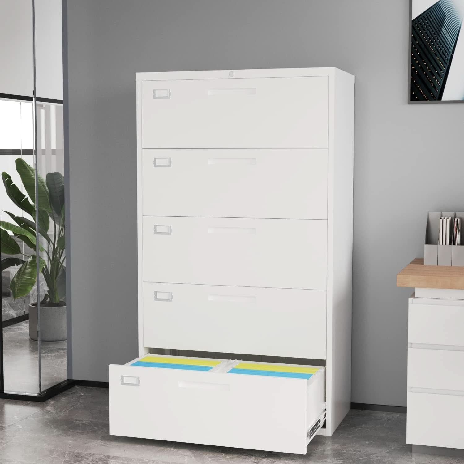 Lateral File Cabinet White 5 Drawer Lockable Office Storage