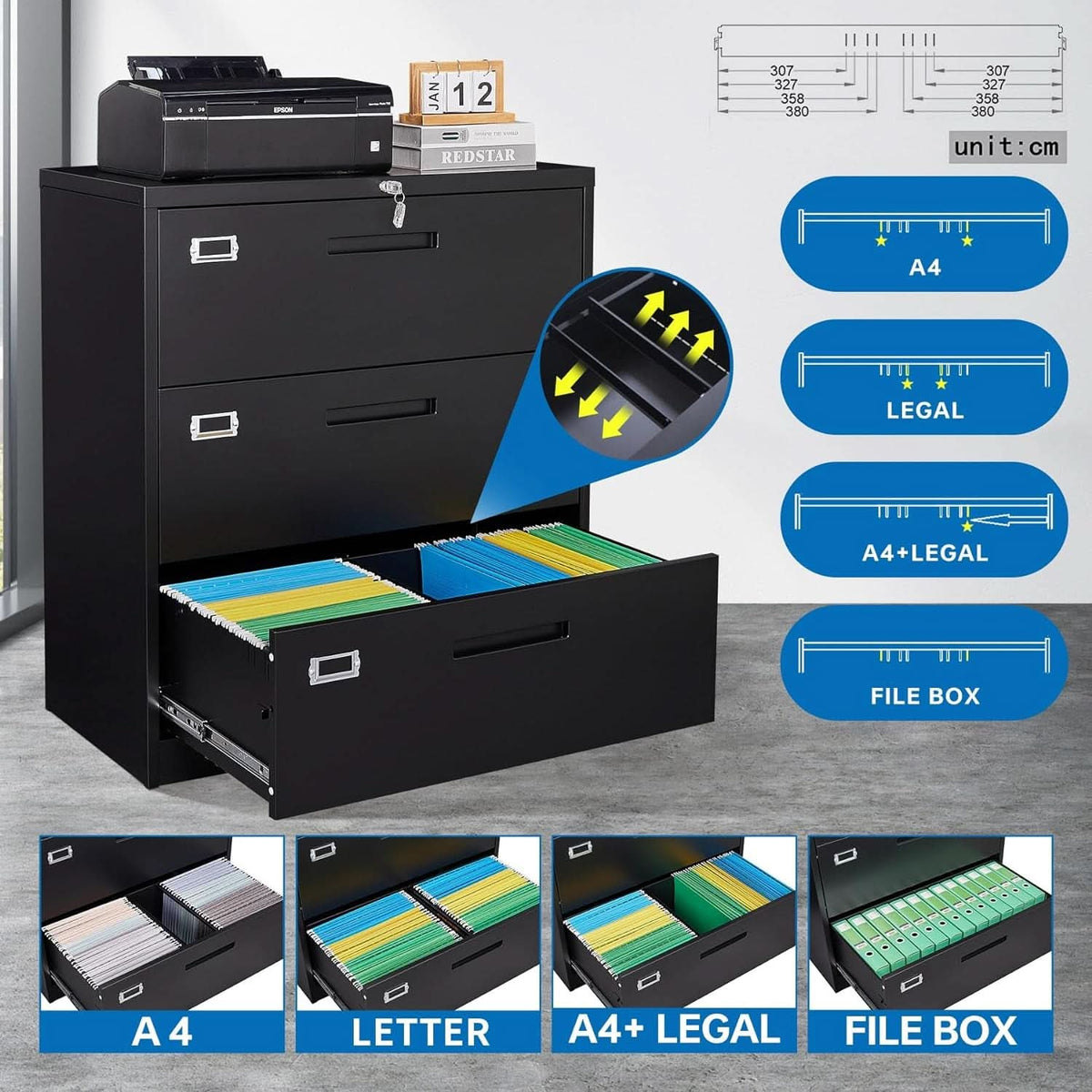 Lateral File Cabinet With Lock 3 Drawer For Legal Letter A4