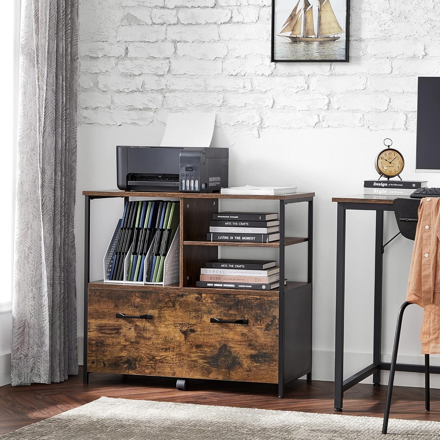 Lateral File Cabinet With Open Shelves And Drawer Brown