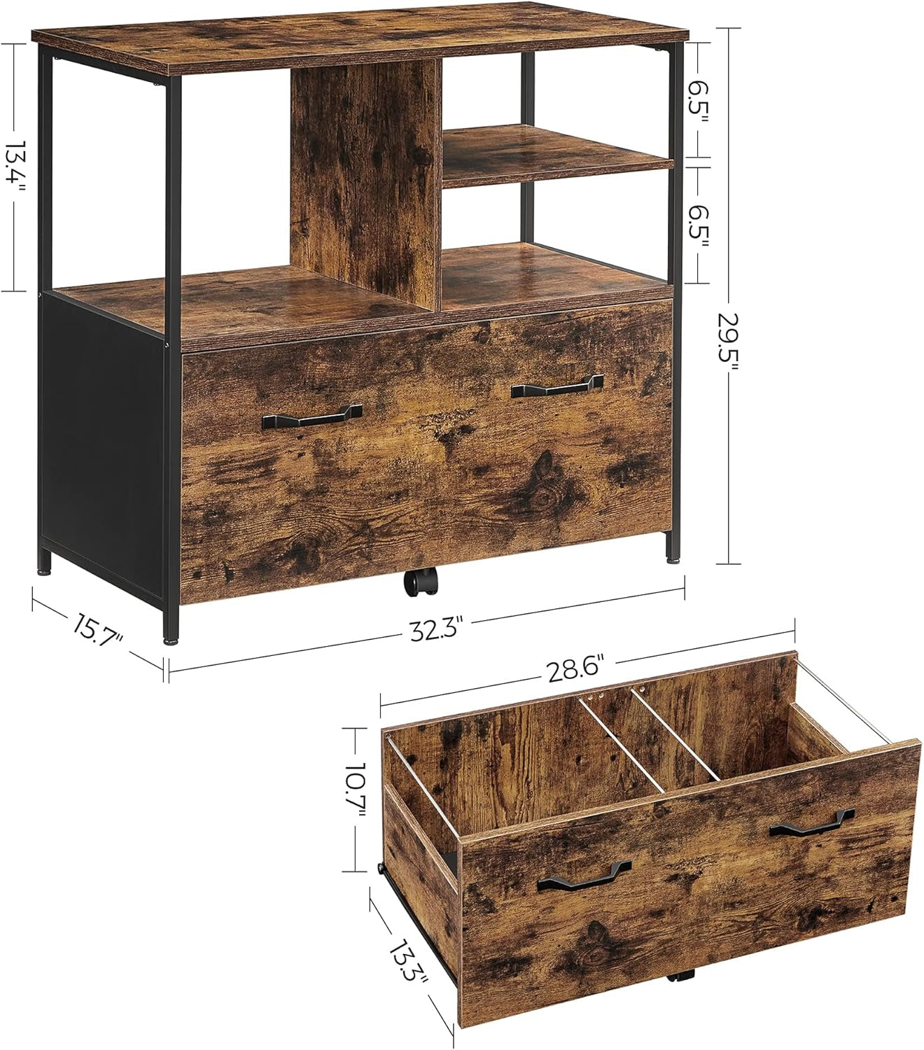 Lateral File Cabinet With Open Shelves And Drawer Brown