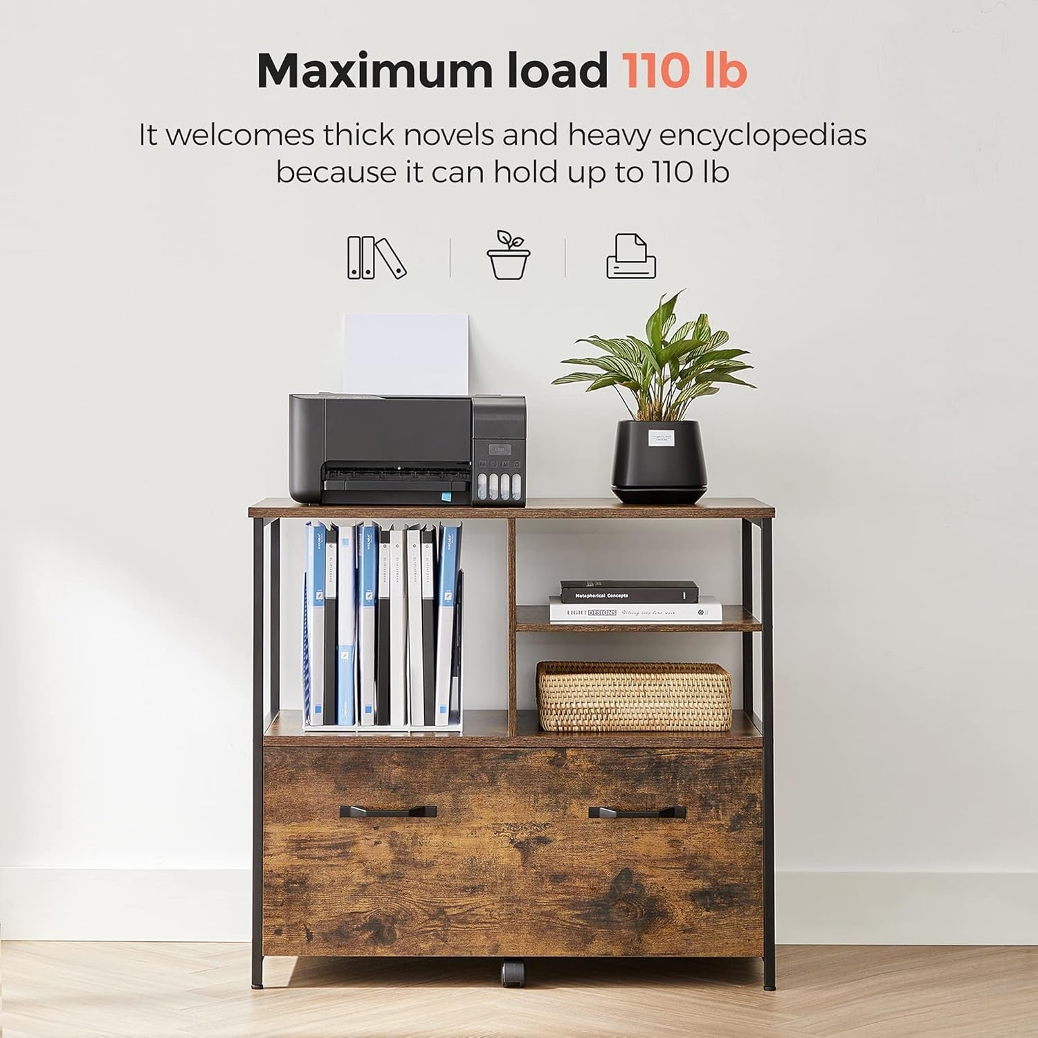 Lateral File Cabinet With Open Shelves And Drawer Brown