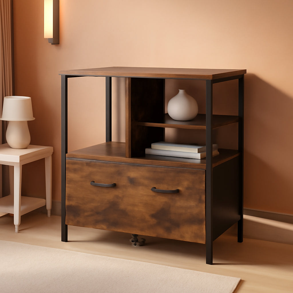 Lateral File Cabinet With Open Shelves And Drawer Brown