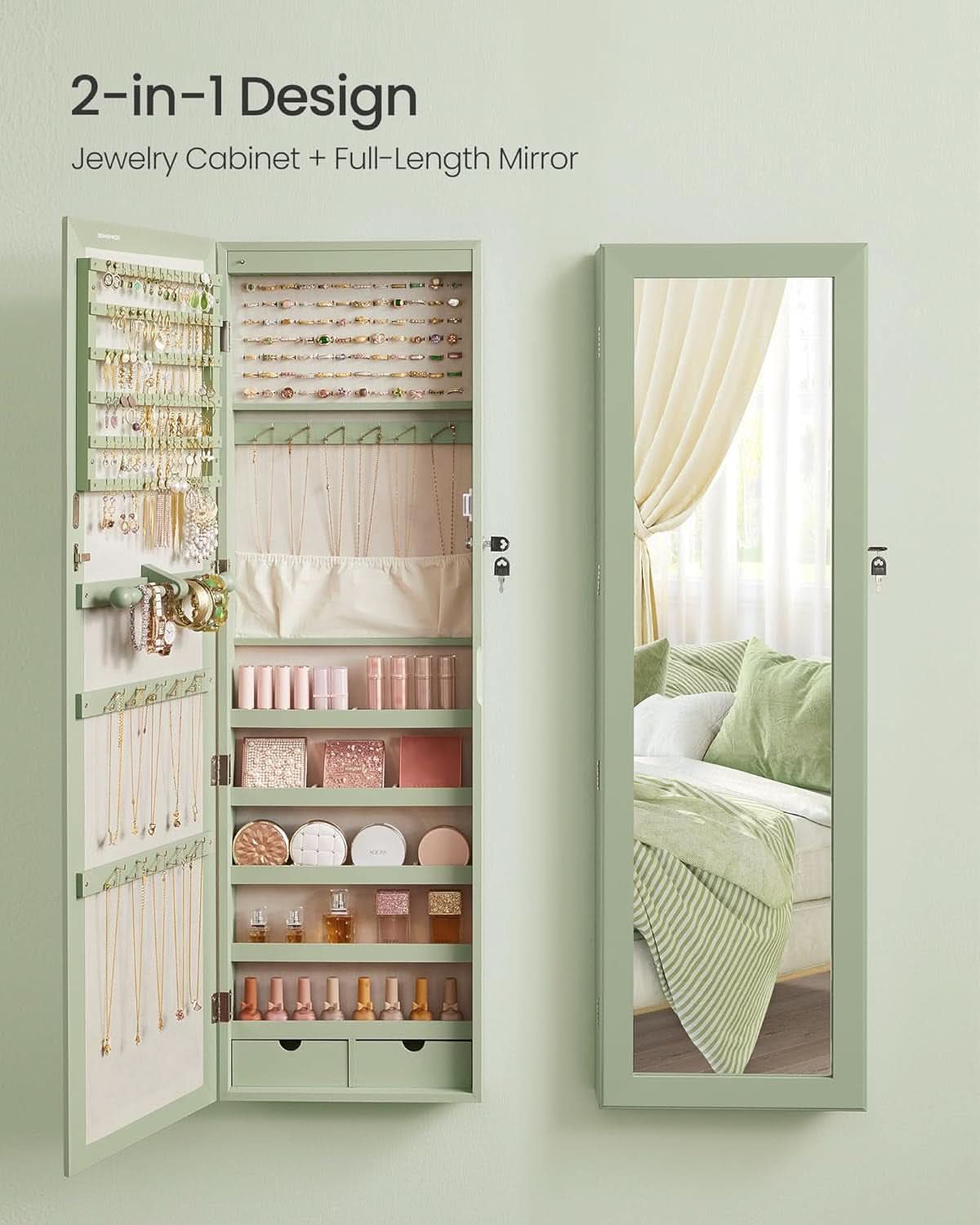Laurel Green 47 Inch Tall Lockable Mirror Jewelry Armoire