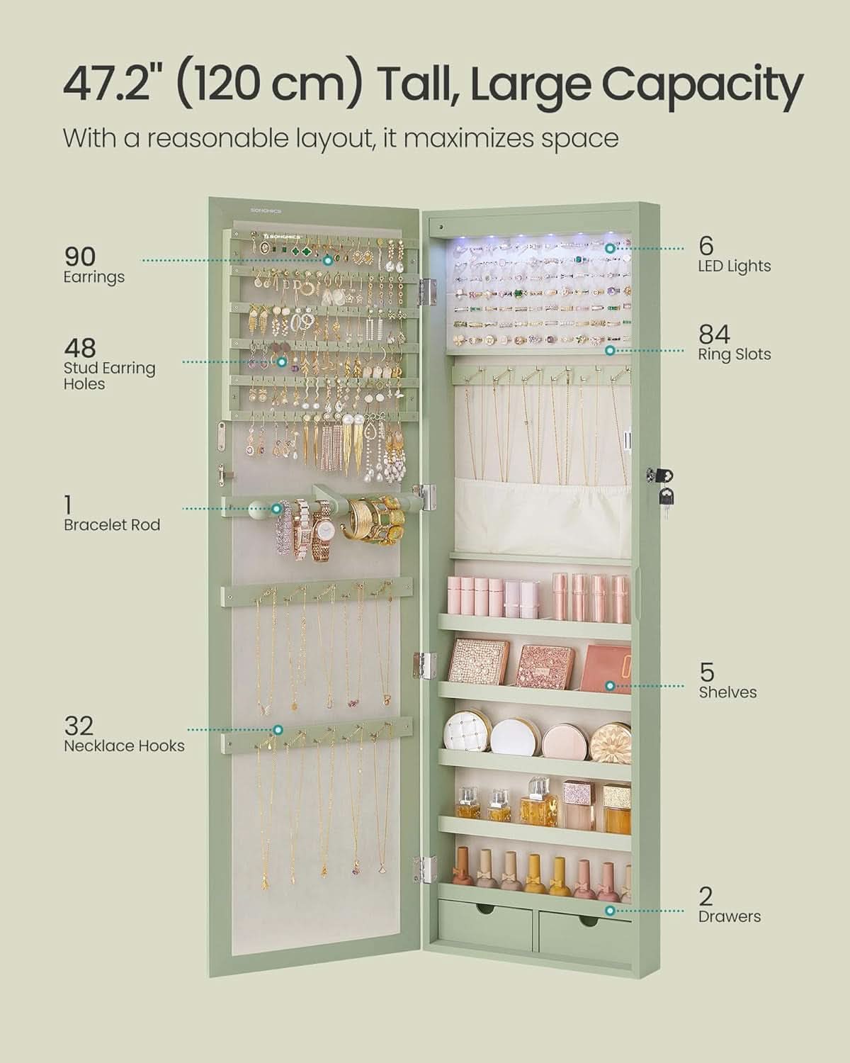 Laurel Green 47 Inch Tall Lockable Mirror Jewelry Armoire
