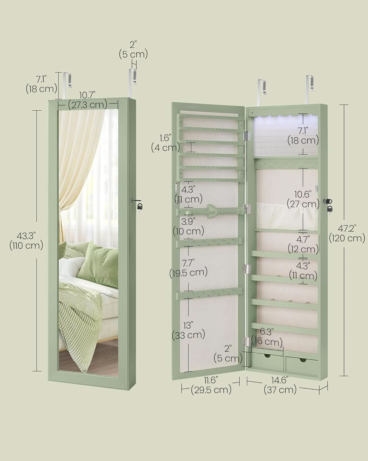 Laurel Green 47 Inch Tall Lockable Mirror Jewelry Armoire