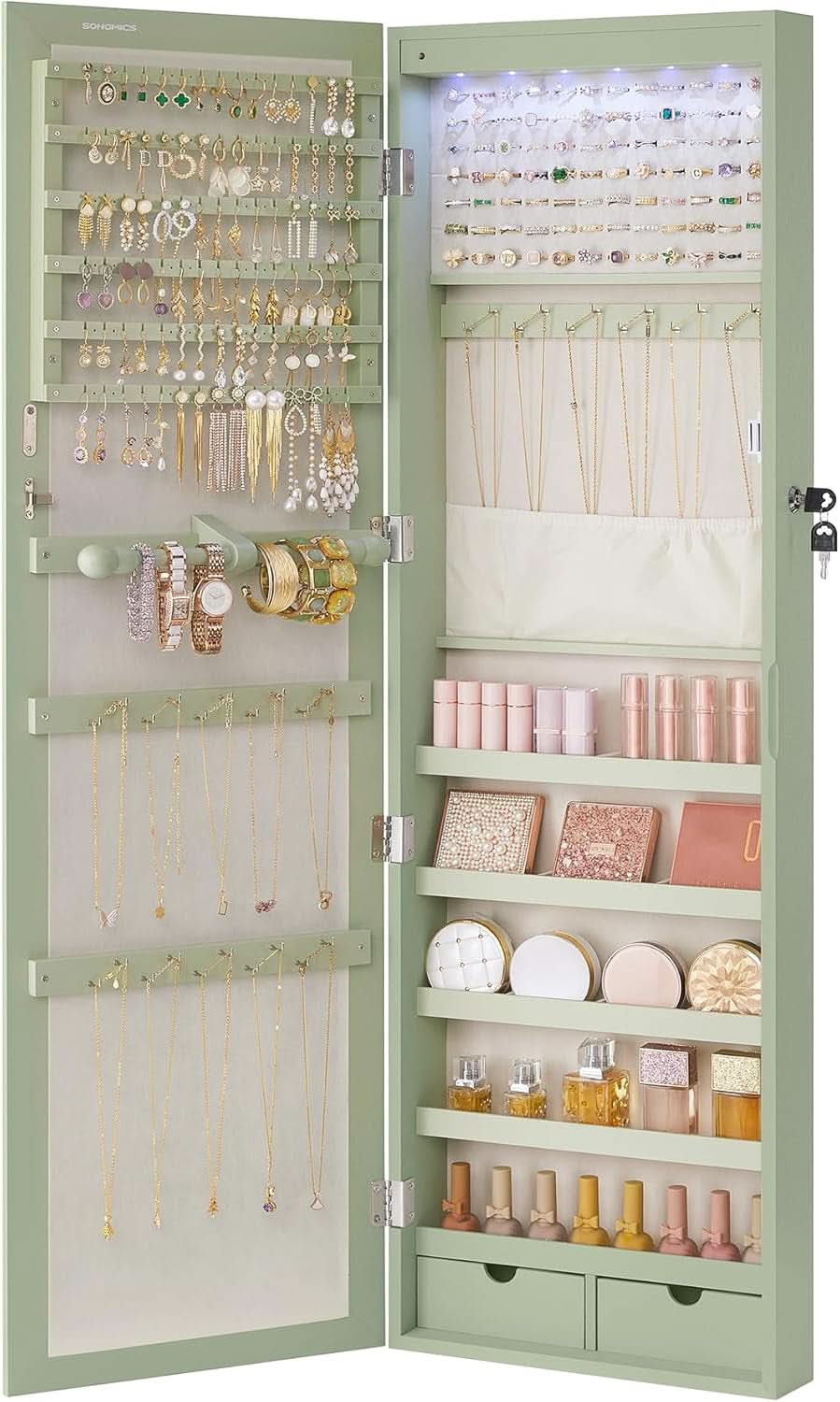 Laurel Green 47 Inch Tall Lockable Mirror Jewelry Armoire