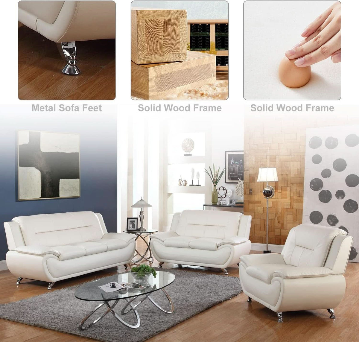 Leather 3 Piece Living Room Set Cream White With 3 Seater Sofa Loveseat And Armchair