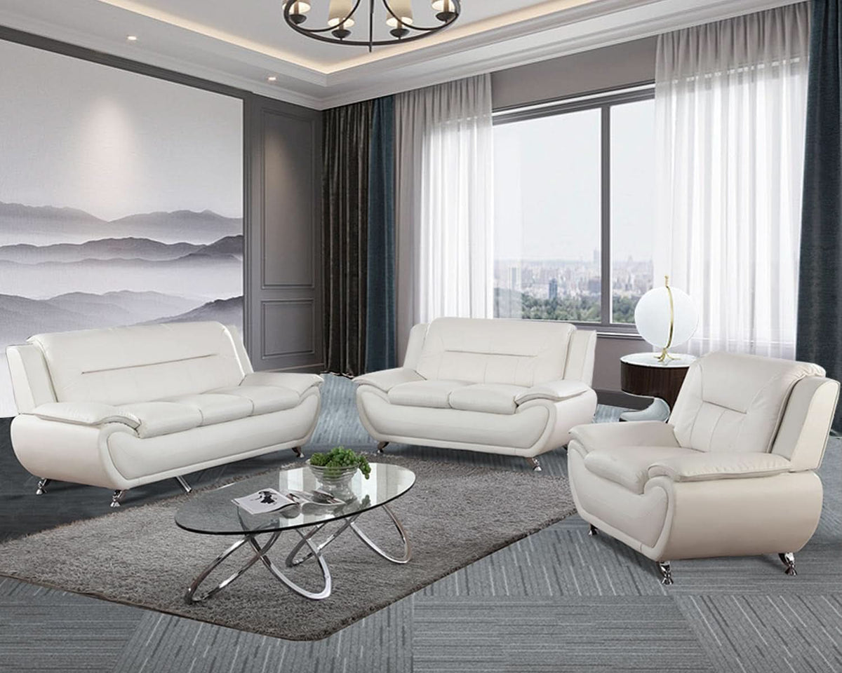 Leather 3 Piece Living Room Set Cream White With 3 Seater Sofa Loveseat And Armchair