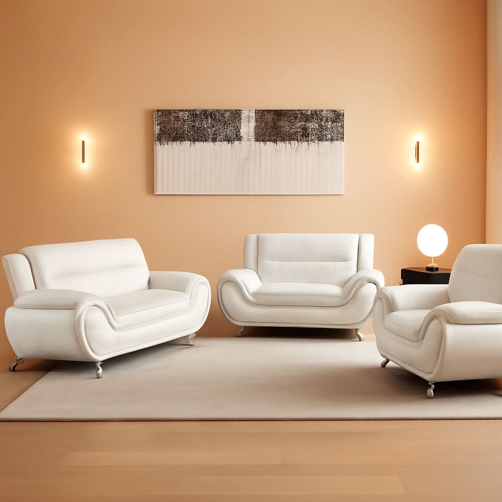 Leather 3 Piece Living Room Set Cream White With 3 Seater Sofa Loveseat And Armchair