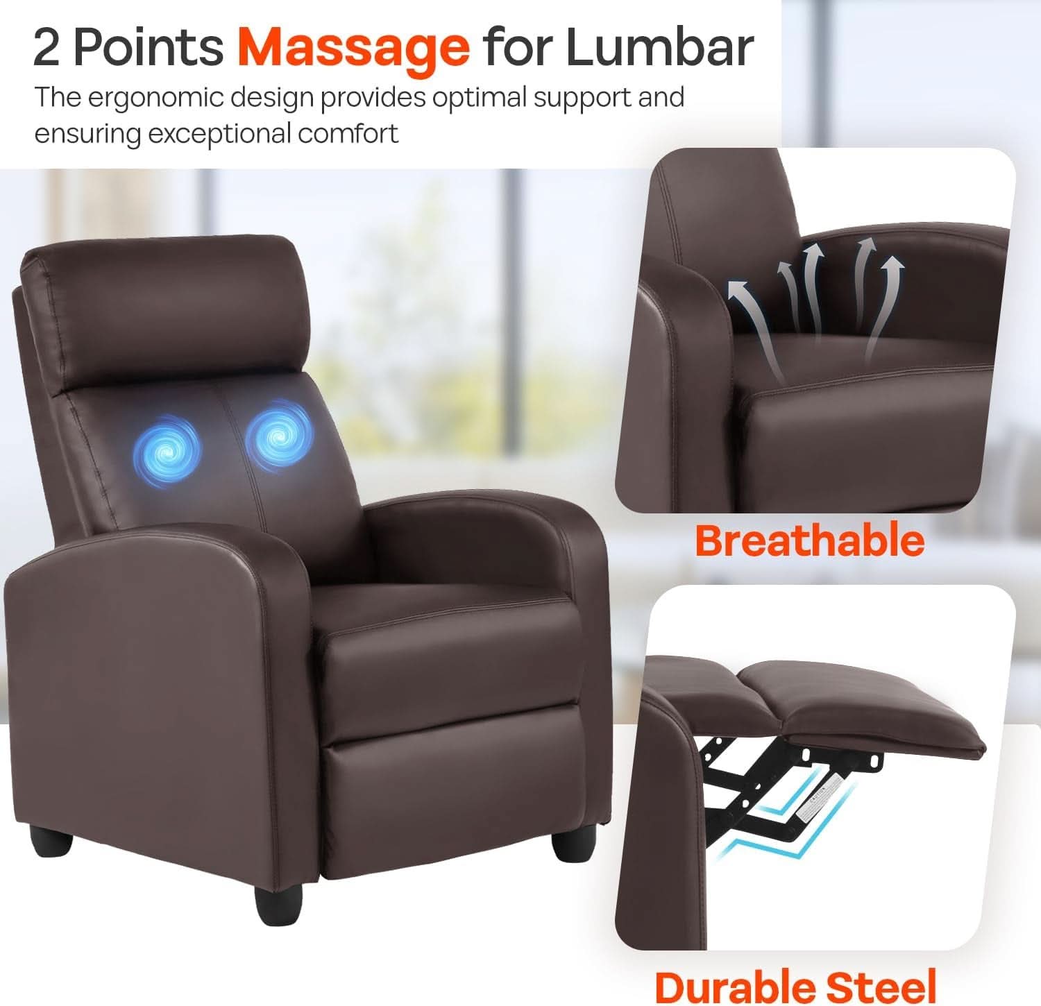 Leather Brown Recliner Chair Massage With Lumbar Support