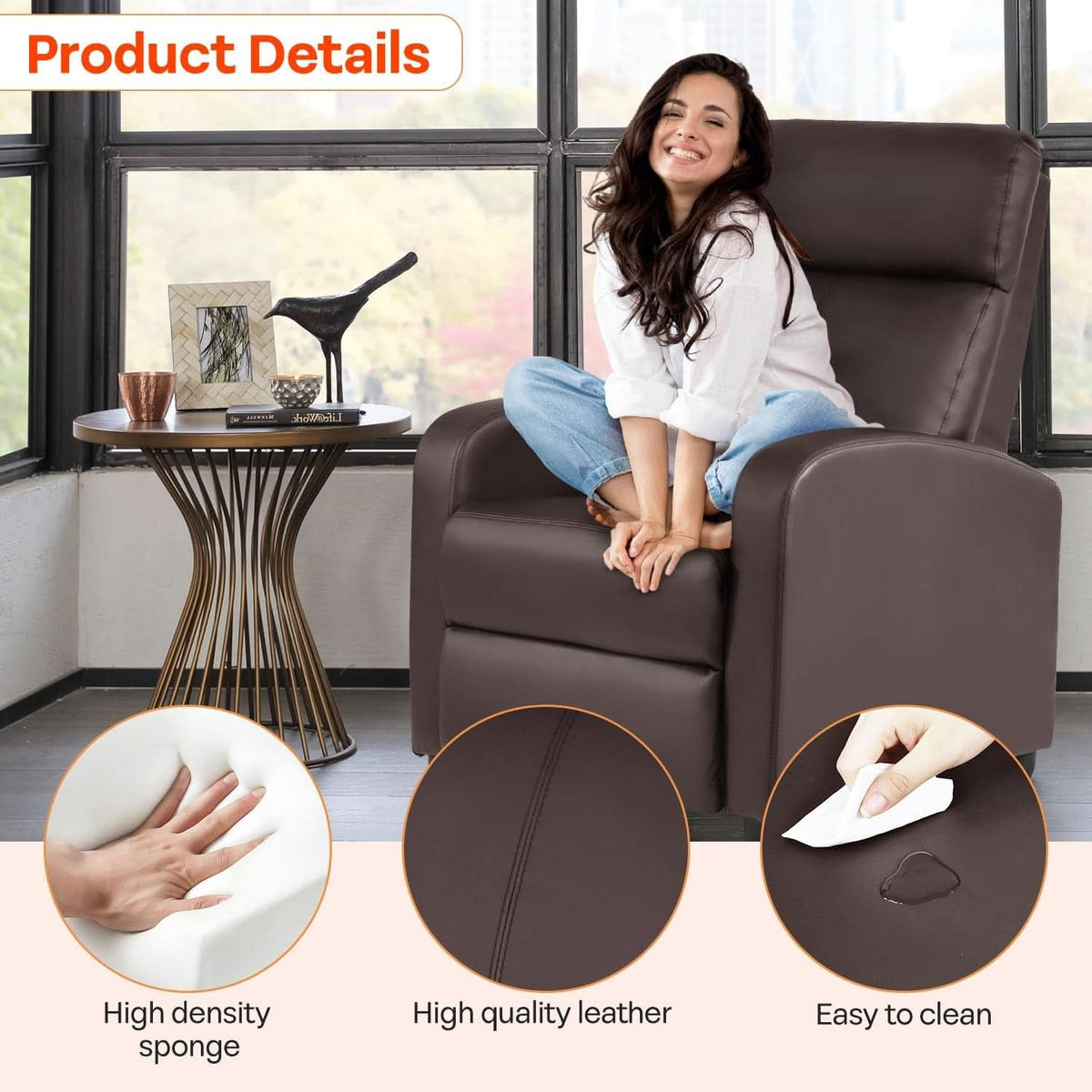 Leather Brown Recliner Chair Massage With Lumbar Support