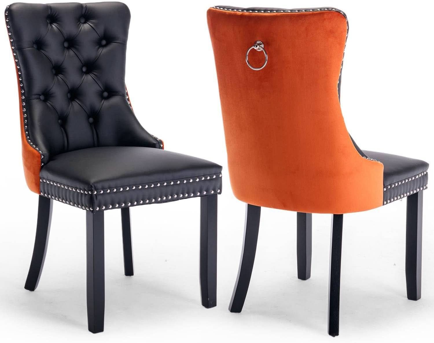 Leather Dining Chair Set Of 2 Tufted Black And Orange
