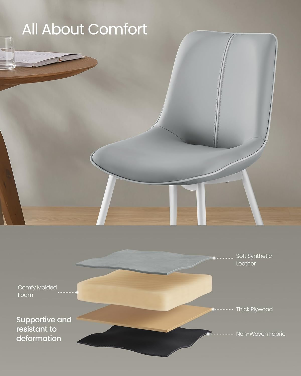 Leather Dining Chair Set Of 2 With Curved Back And Swivel Feet Dove Gray
