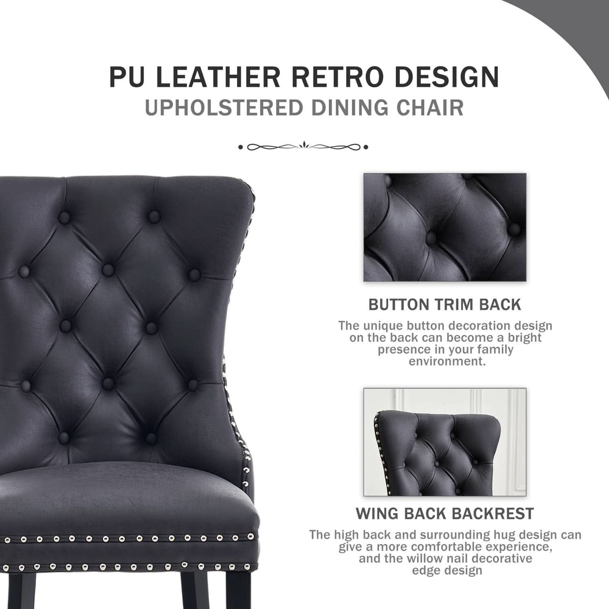 Leather Dining Chairs Set Of 4 Wingback Upholstered With Nailhead Trim Black
