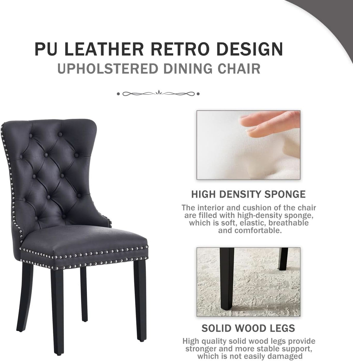Leather Dining Chairs Set Of 4 Wingback Upholstered With Nailhead Trim Black