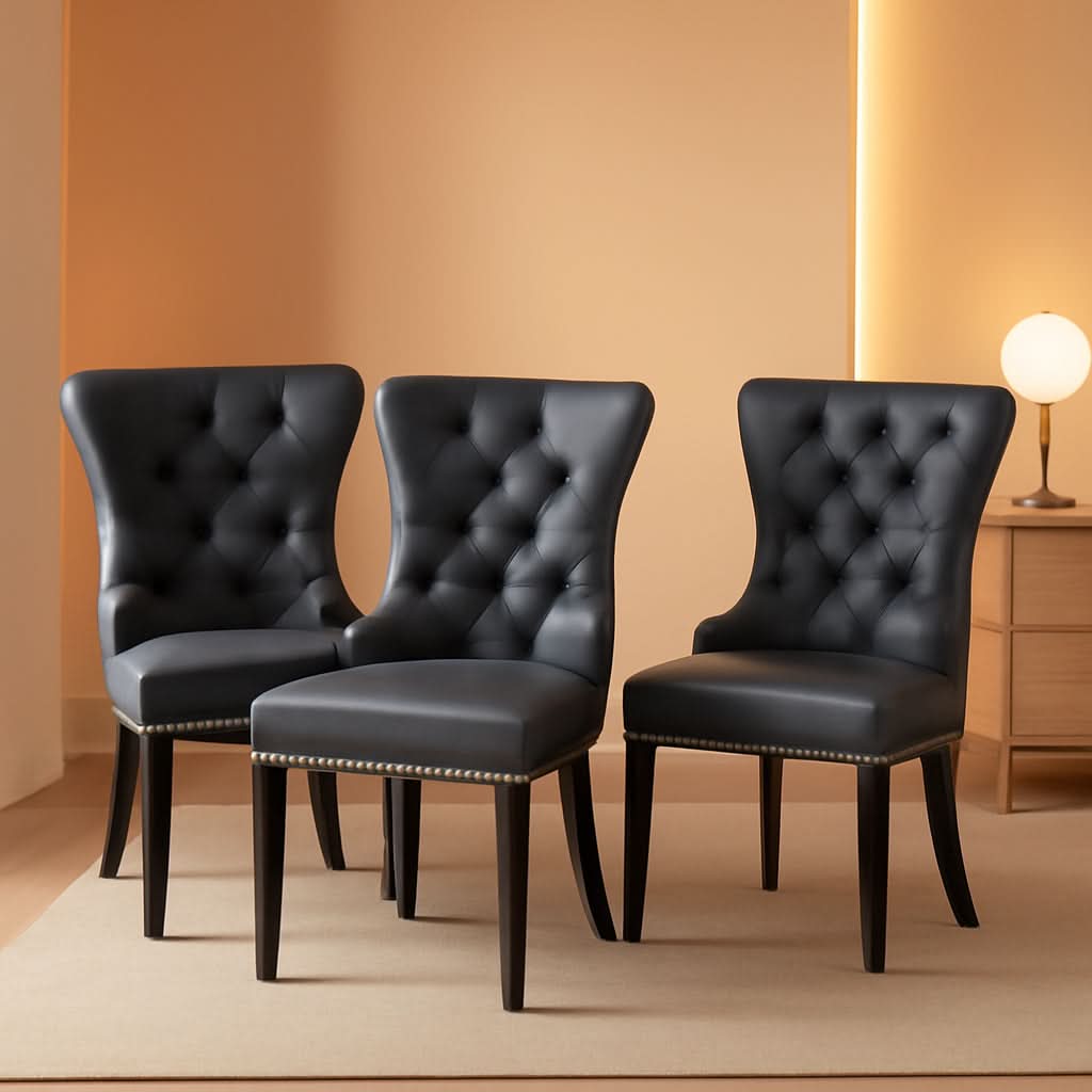 Leather Dining Chairs Set Of 4 Wingback Upholstered With Nailhead Trim Black
