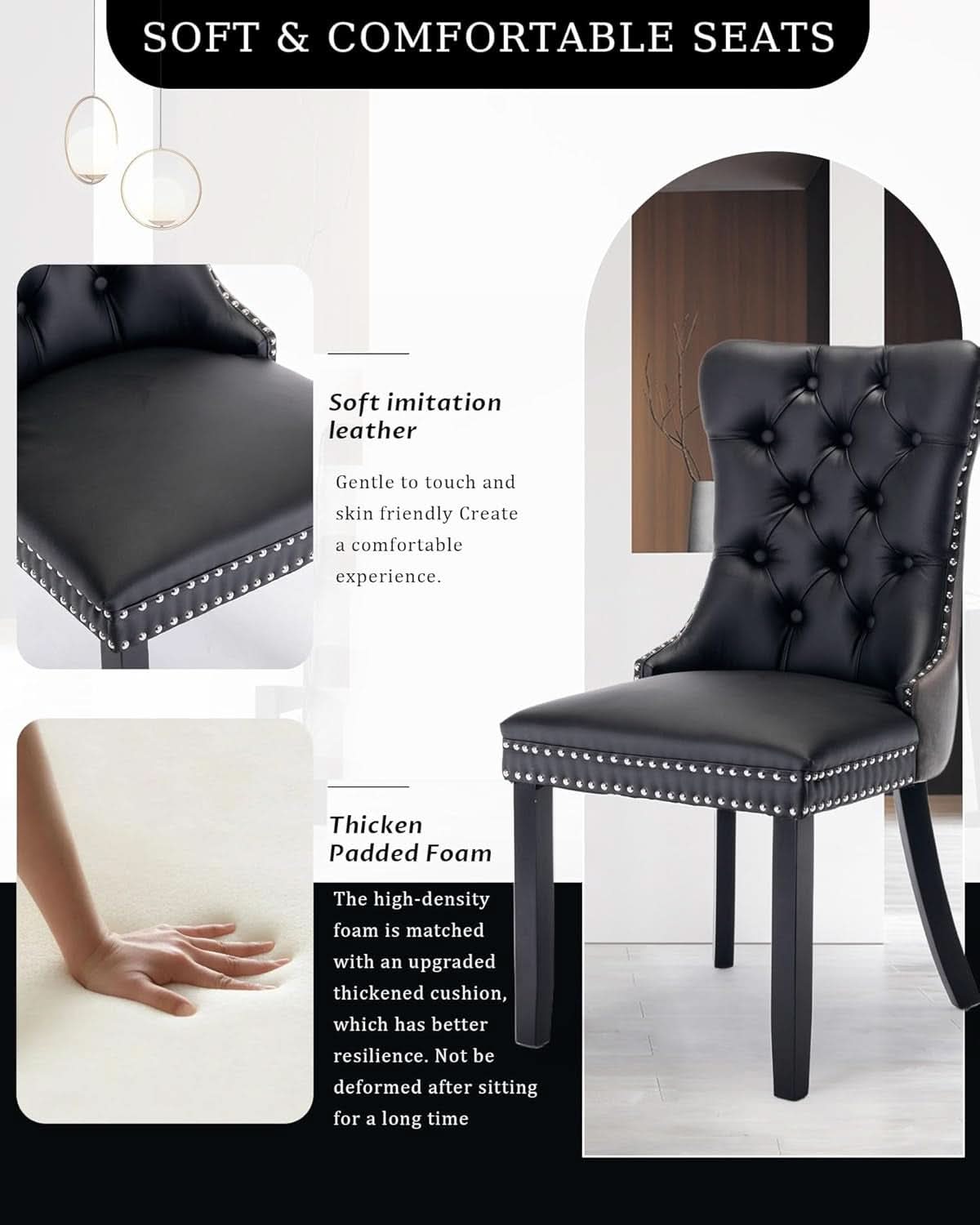 Leather Dining Chairs Set of 2 Black Nailhead Trim