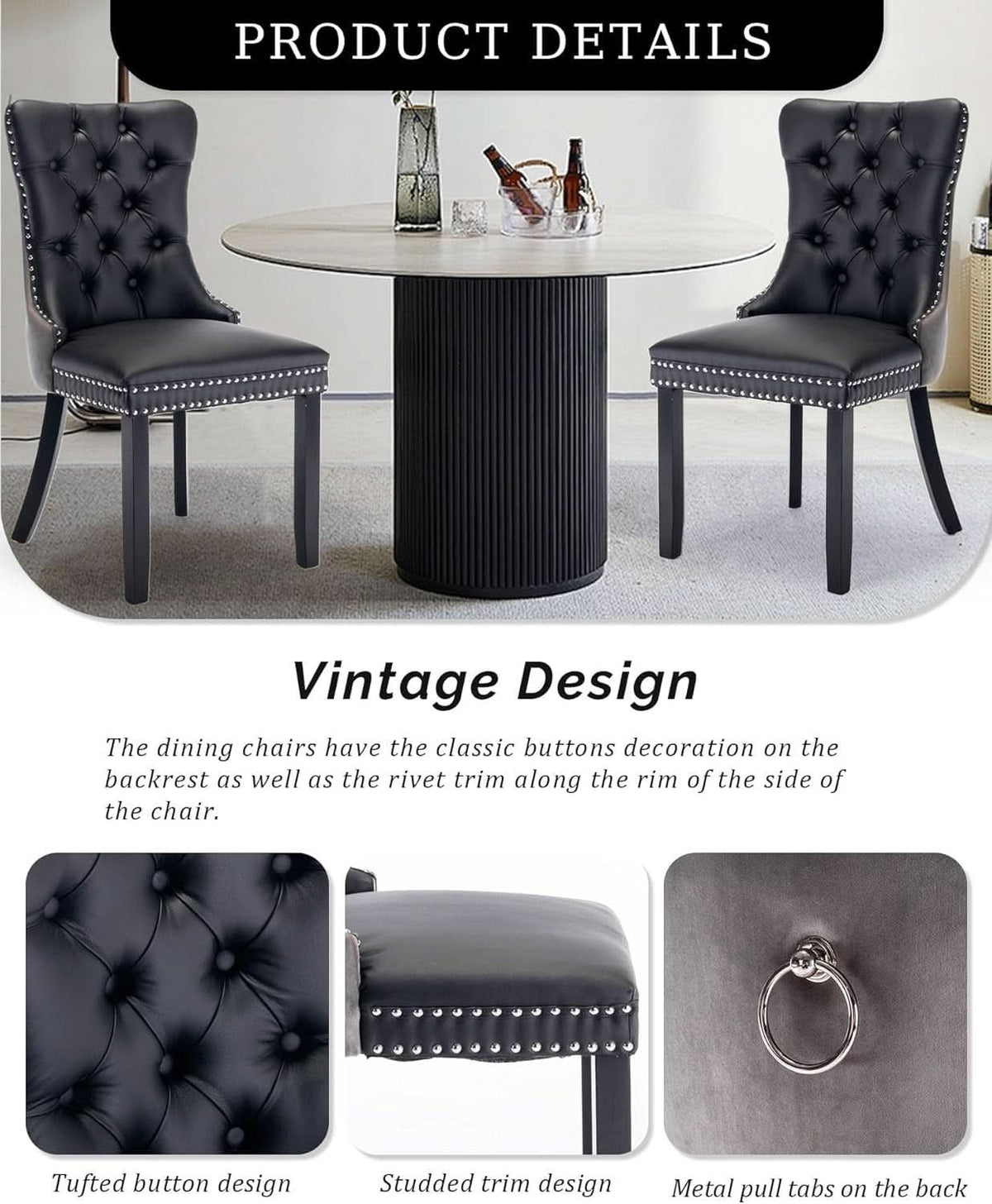 Leather Dining Chairs Set of 2 Black Nailhead Trim