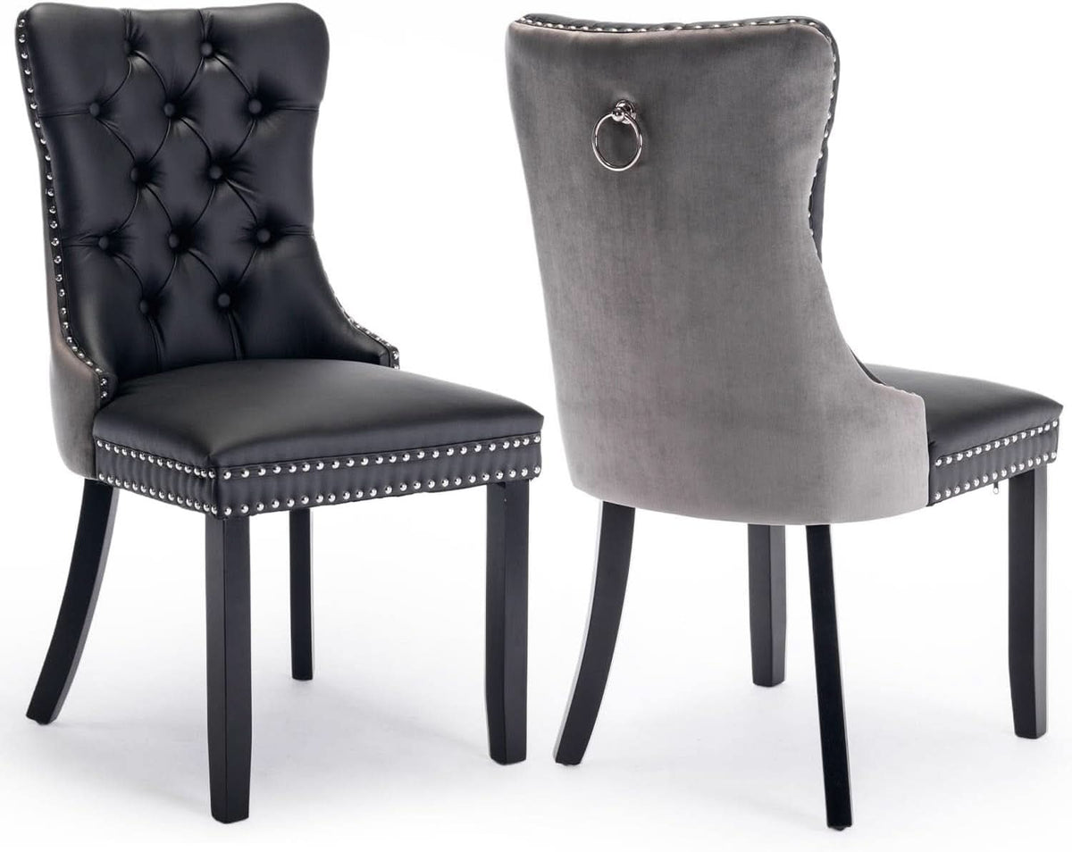 Leather Dining Chairs Set of 2 Black Nailhead Trim