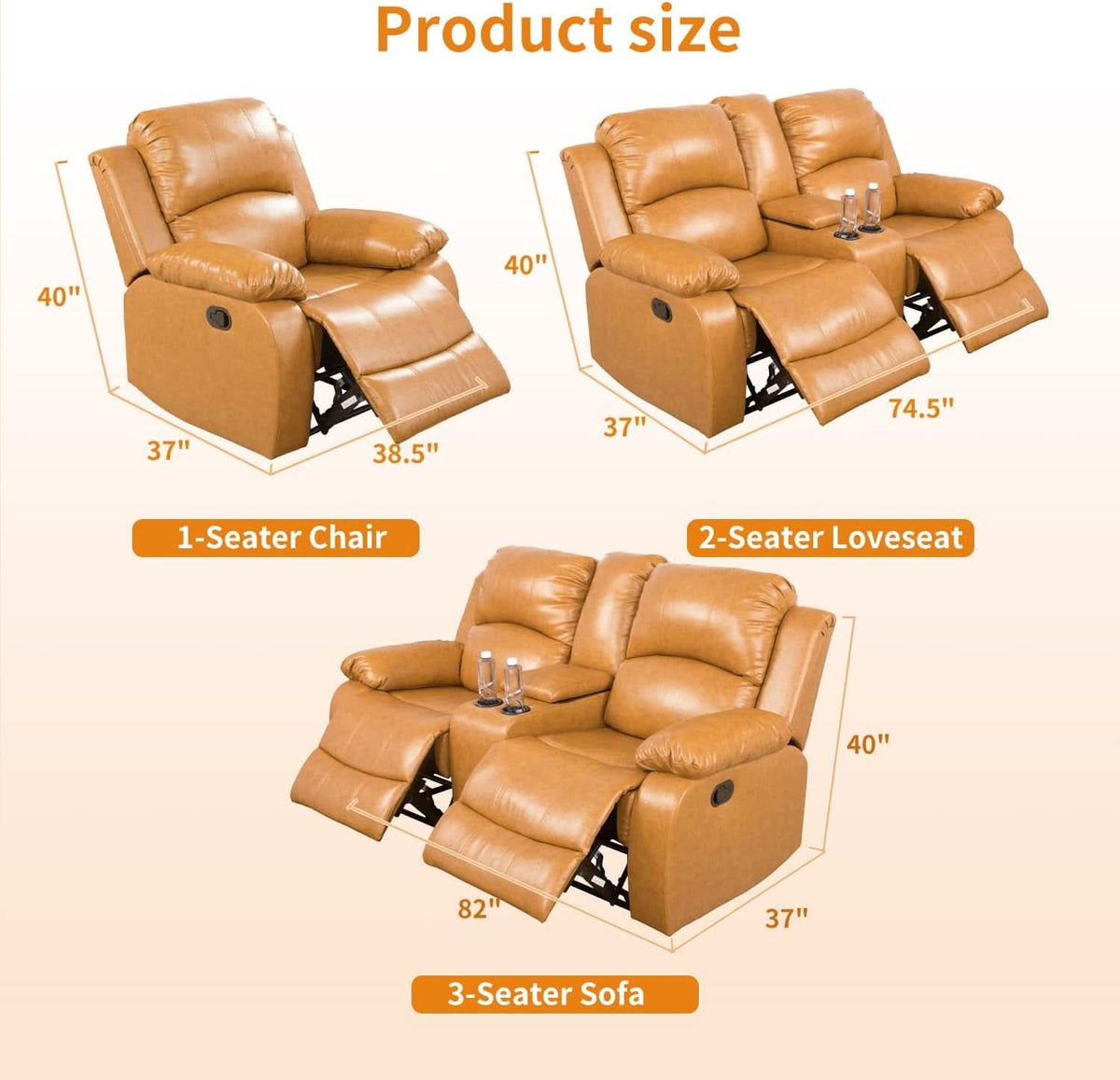 Leather Manual Recliner Sofa Set Ginger 3Piece Living Room