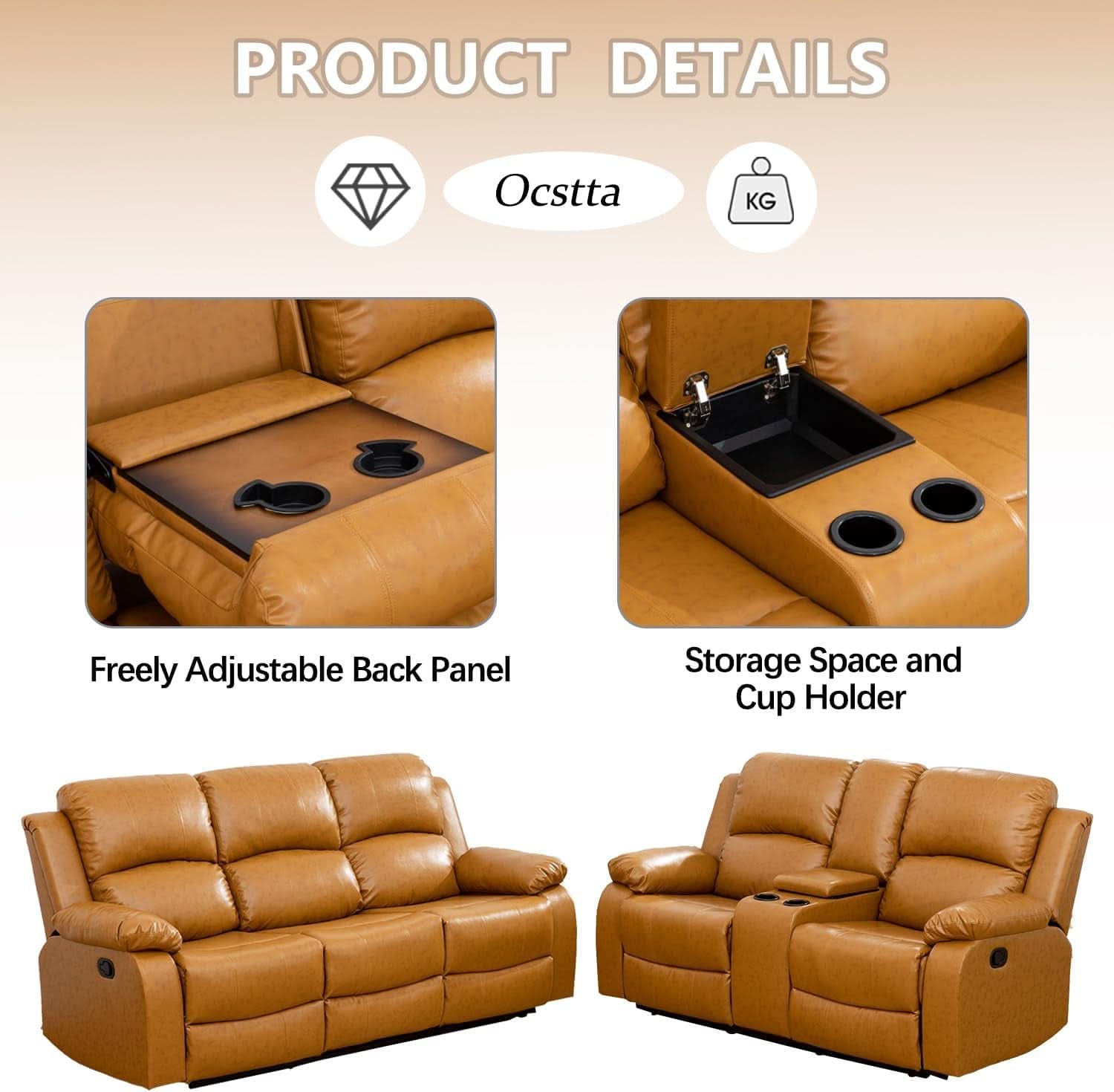 Leather Manual Recliner Sofa Set Ginger 3Piece Living Room