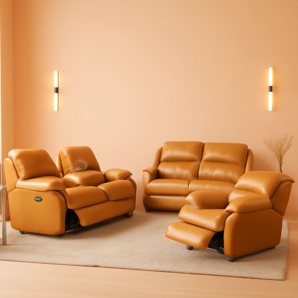 Leather Manual Recliner Sofa Set Ginger 3Piece Living Room