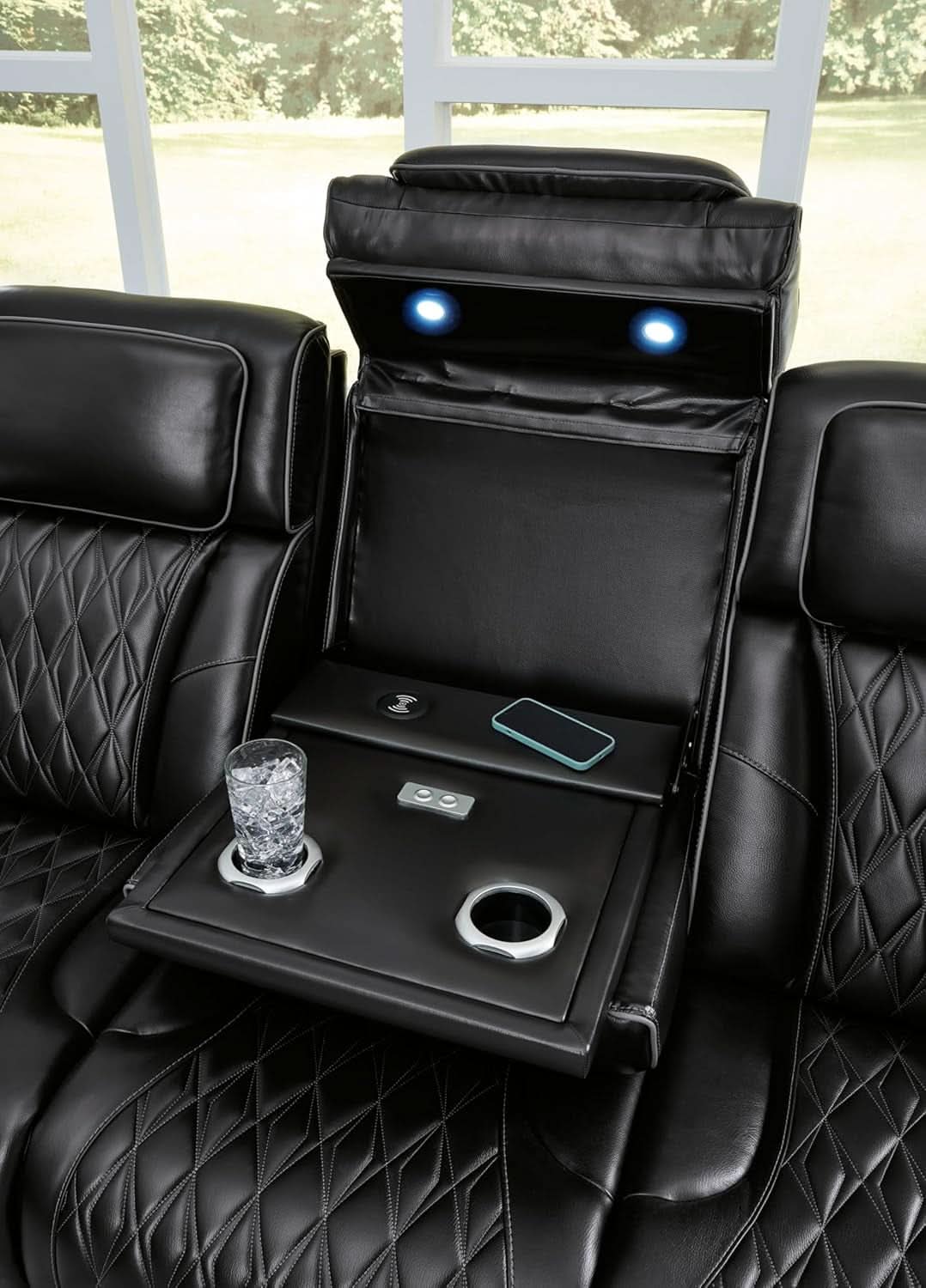 Leather Match Power Reclining Sofa With Adjustable Headrest