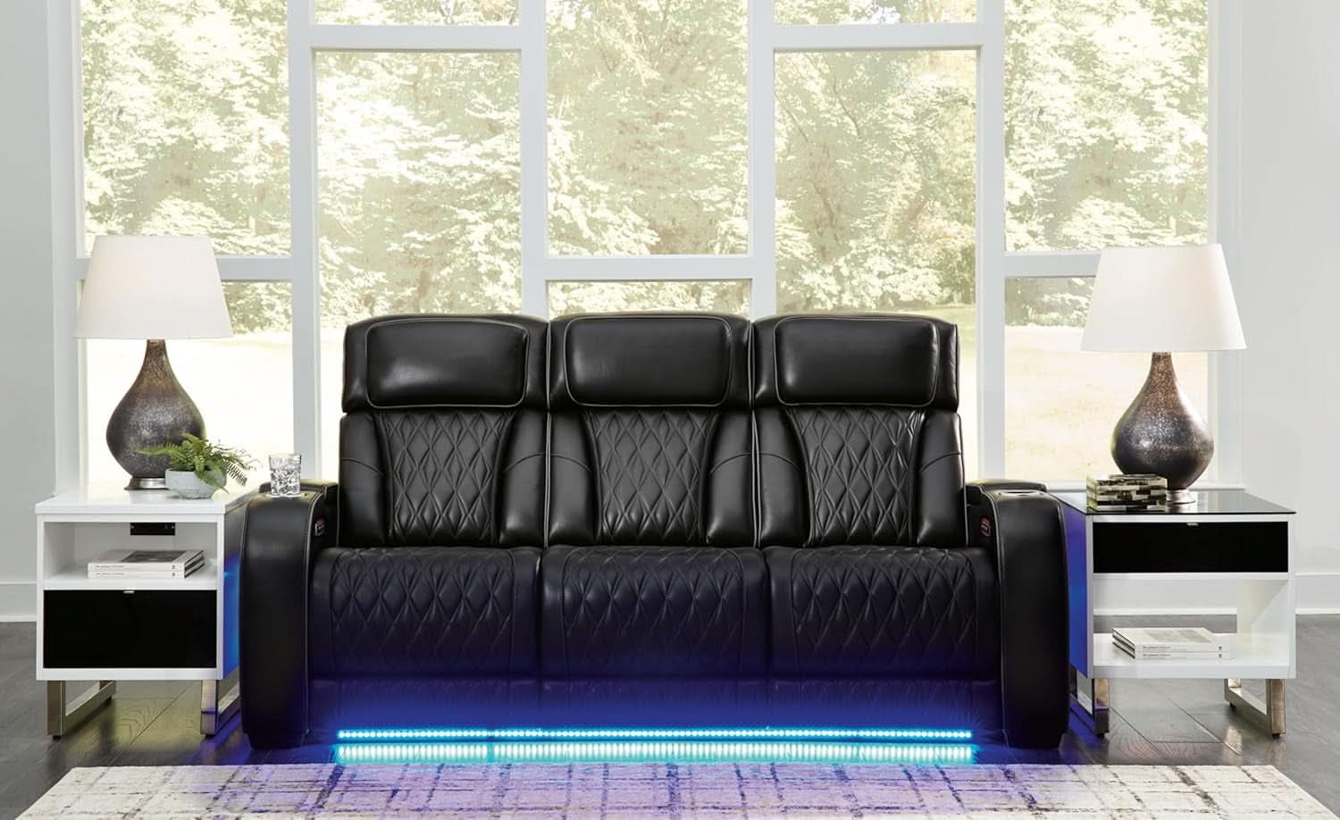 Leather Match Power Reclining Sofa With Adjustable Headrest