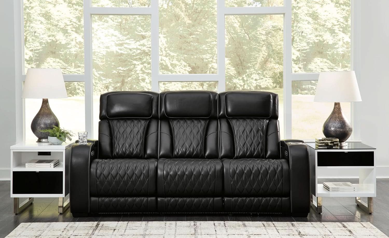 Leather Match Power Reclining Sofa With Adjustable Headrest
