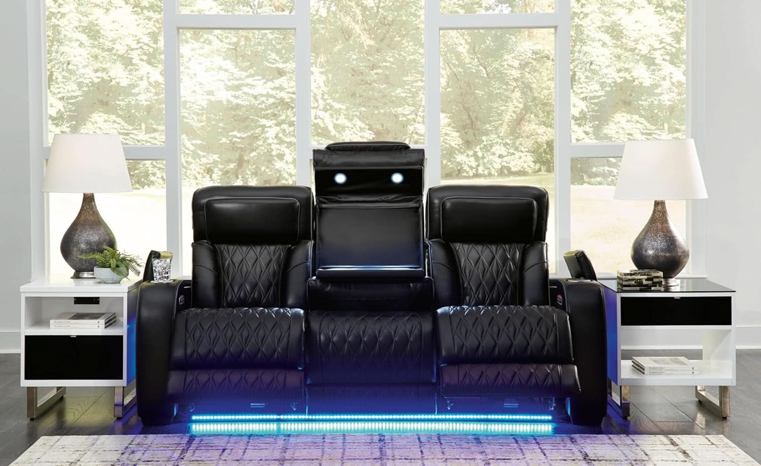 Leather Match Power Reclining Sofa With Adjustable Headrest