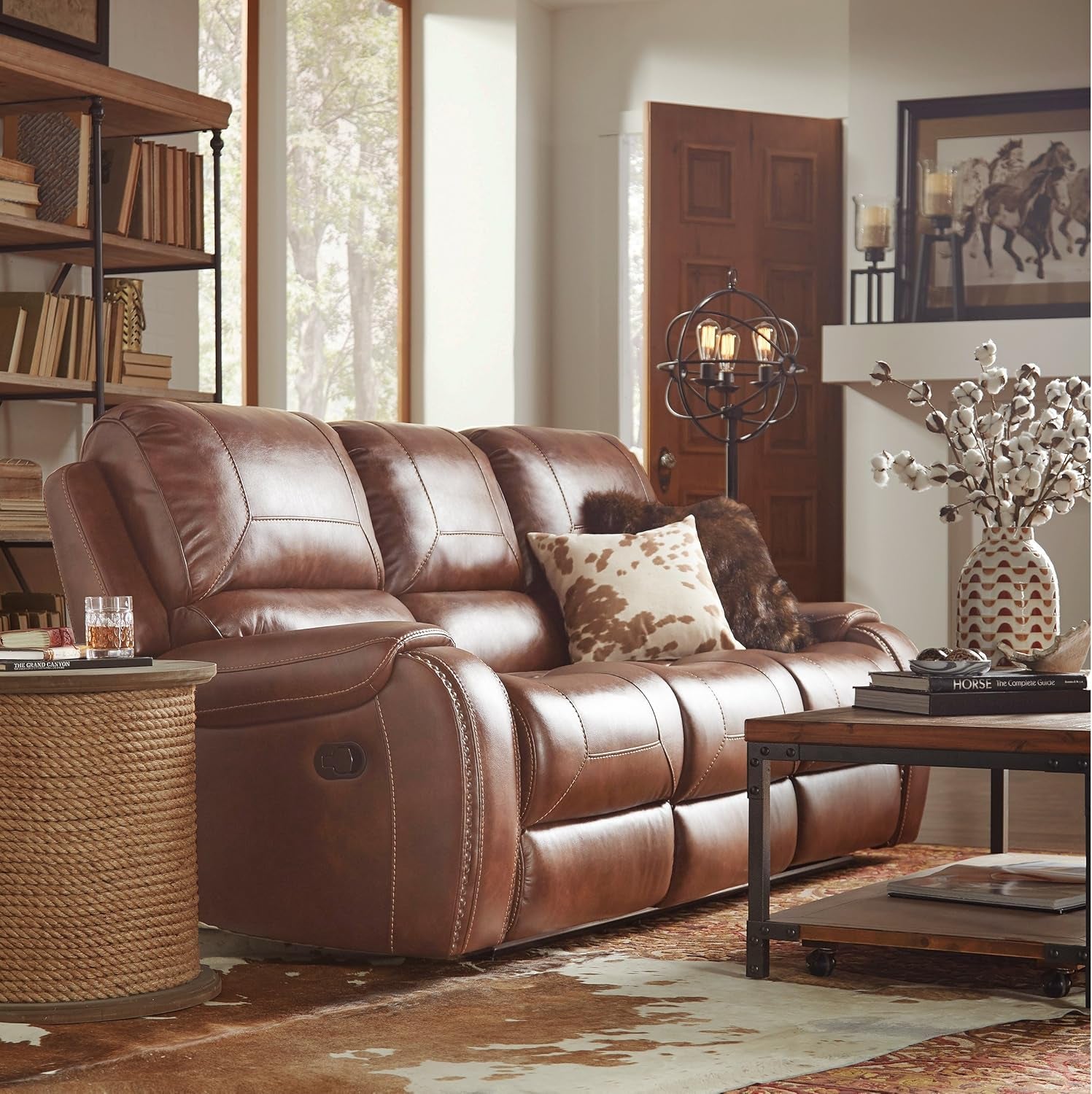 Leather Nail Head Reclining Sofa With Storage Console Brown