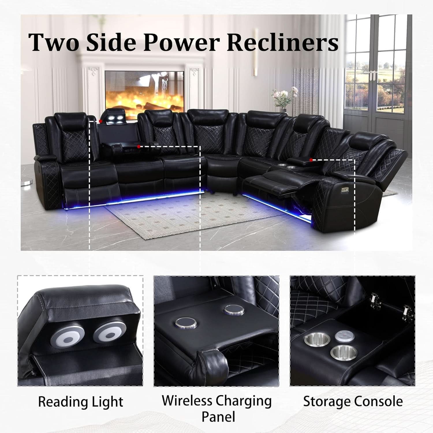 Leather Power Recliner Sectional Sofa with USB Charging