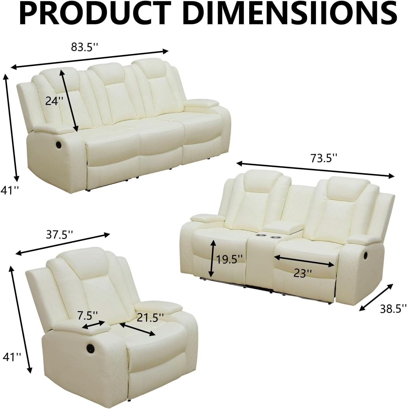 Leather Power Recliner Sofa Set Cream White With USB Port