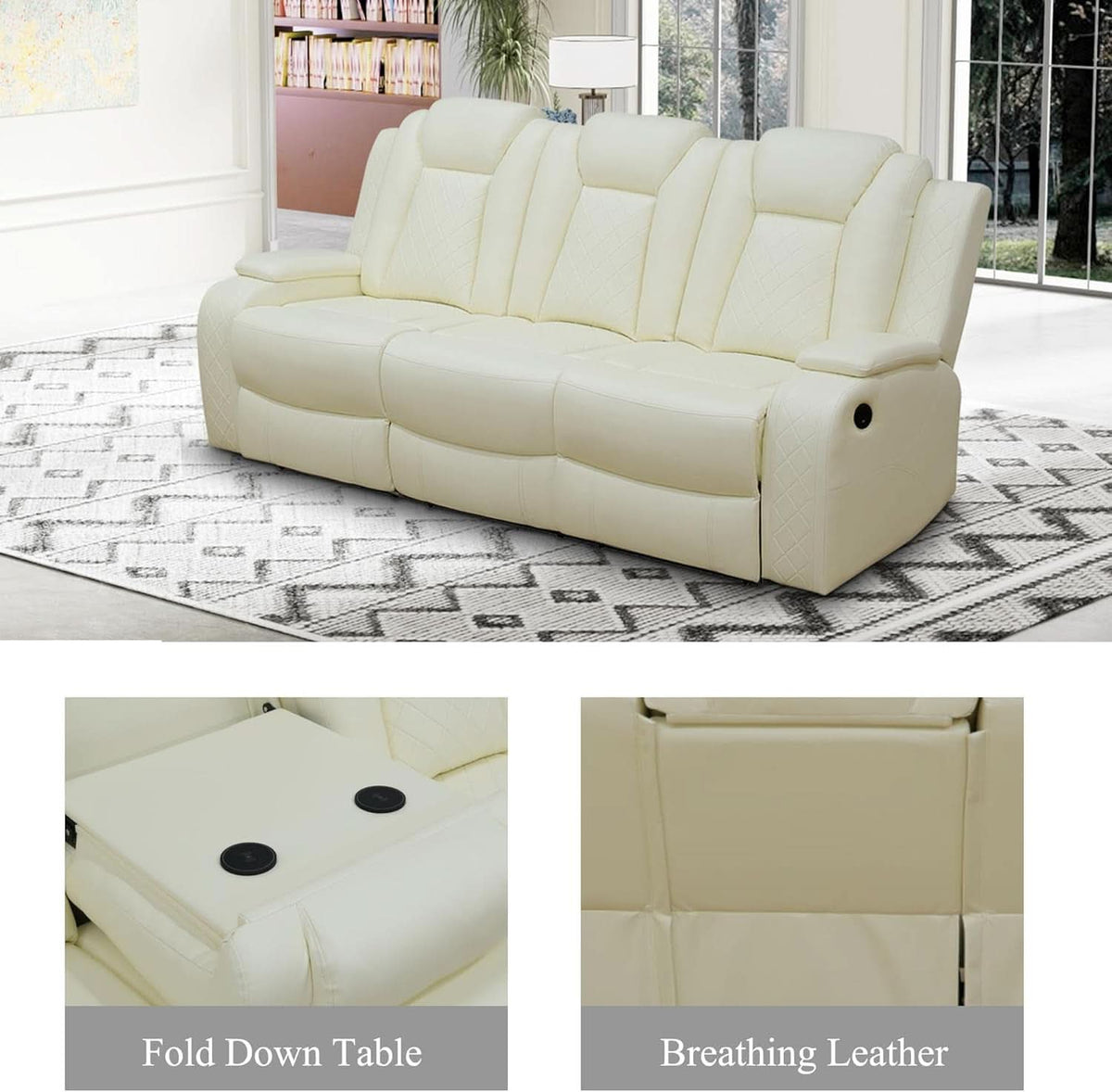 Leather Power Recliner Sofa Set Cream White With USB Port