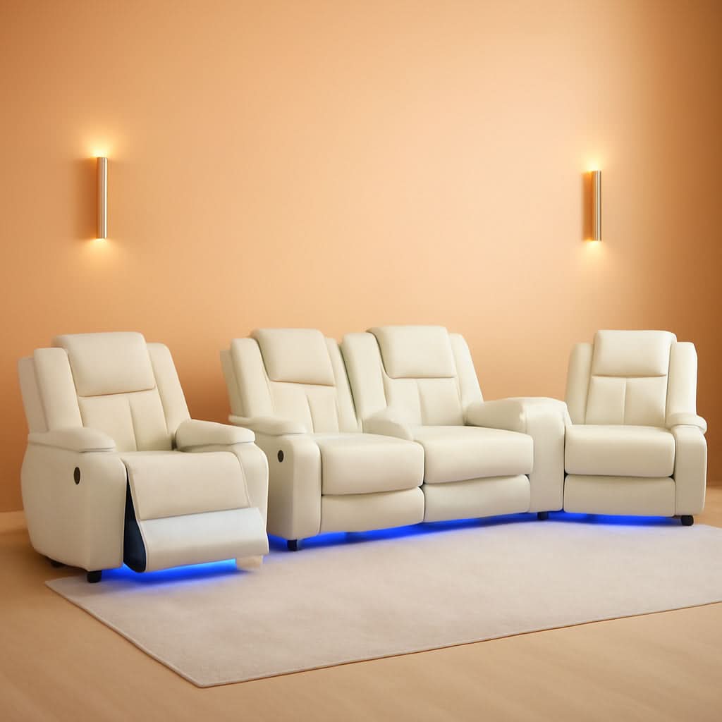 Leather Power Recliner Sofa Set Cream White With USB Port