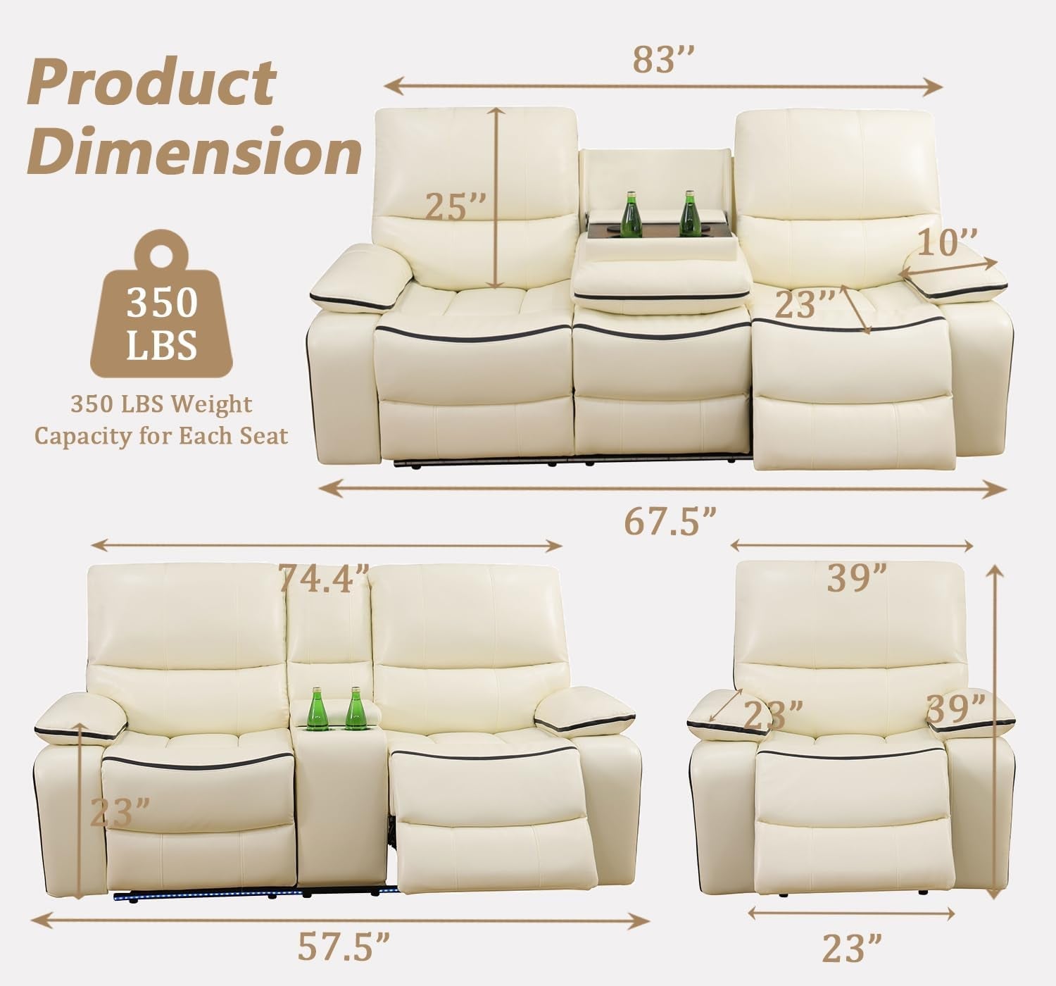 Leather Power Recliner Sofa Set With Cream Led Storage