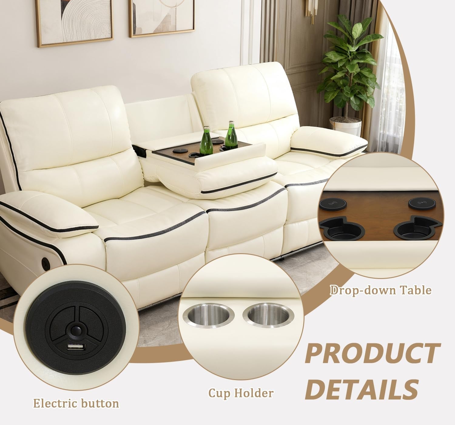 Leather Power Recliner Sofa Set With Cream Led Storage