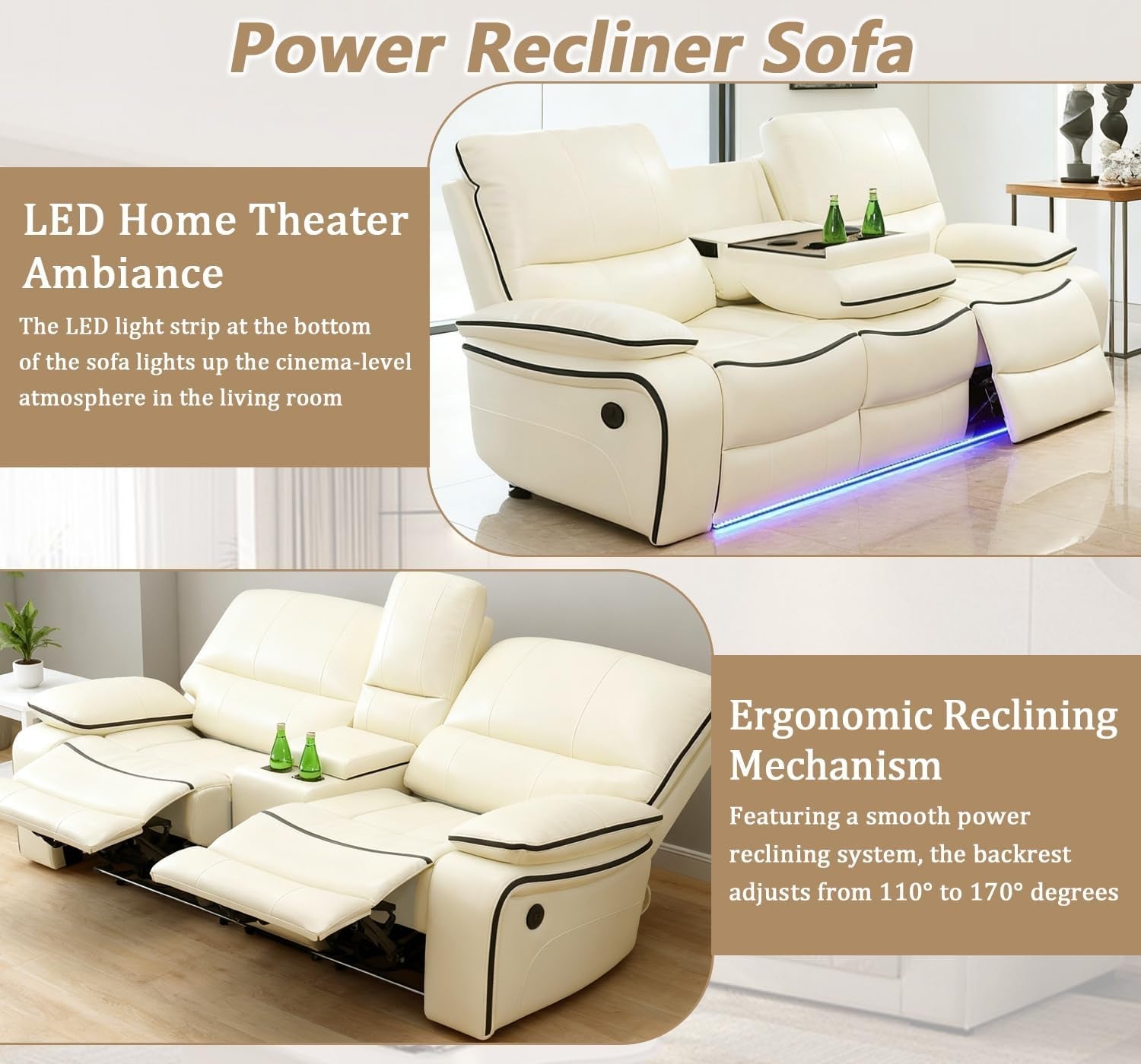 Leather Power Recliner Sofa Set With Cream Led Storage
