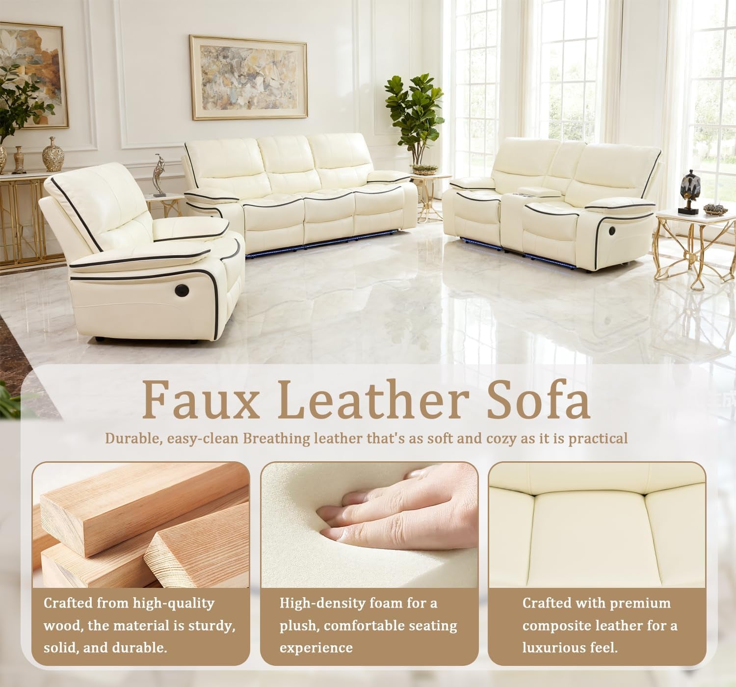 Leather Power Recliner Sofa Set With Cream Led Storage