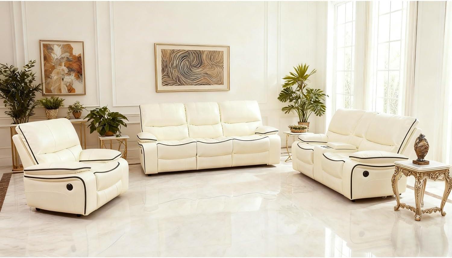 Leather Power Recliner Sofa Set With Cream Led Storage