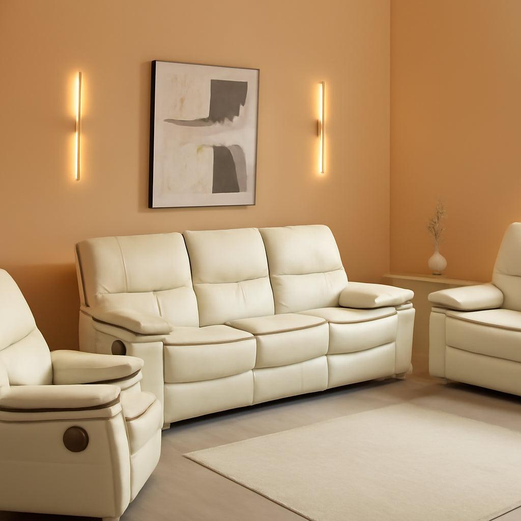Leather Power Recliner Sofa Set With Cream Led Storage