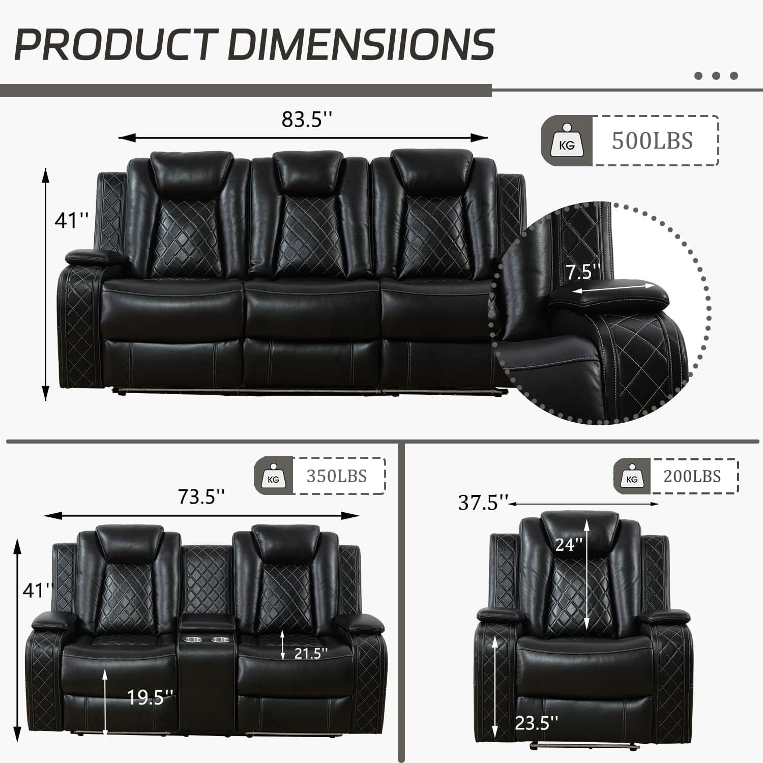 Leather Power Recliner Sofa Set With LED USB Ports Black