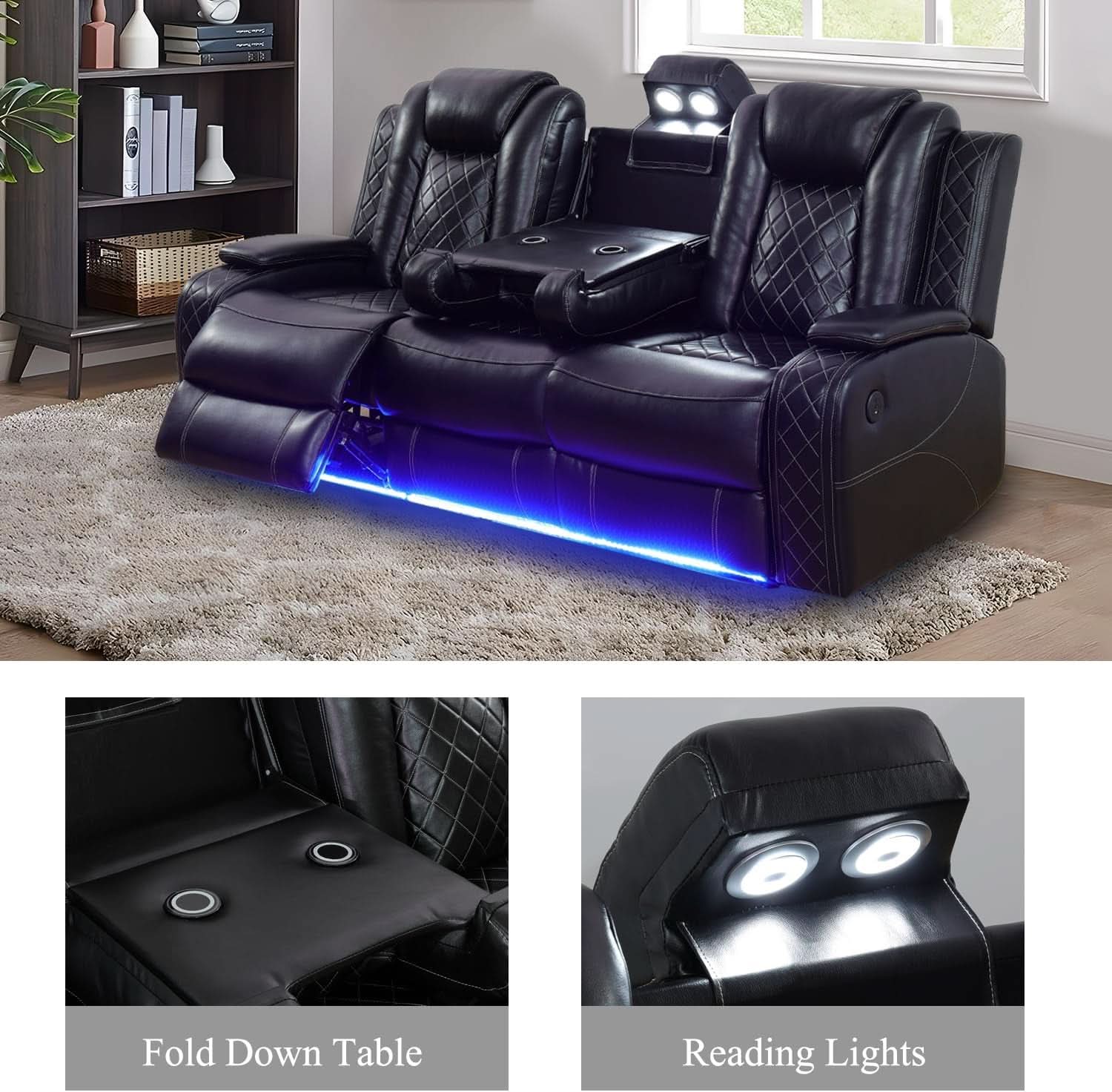 Leather Power Recliner Sofa Set With LED USB Ports Black