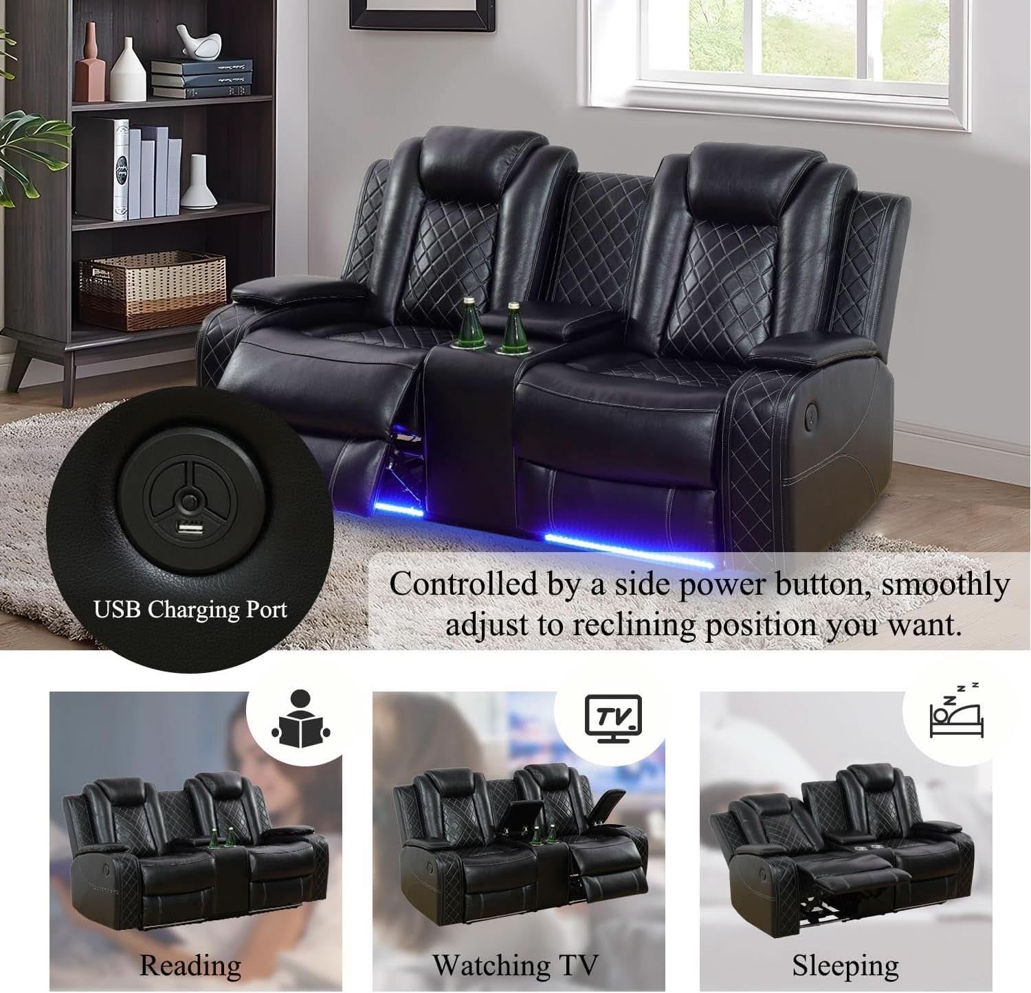 Leather Power Recliner Sofa Set With LED USB Ports Black