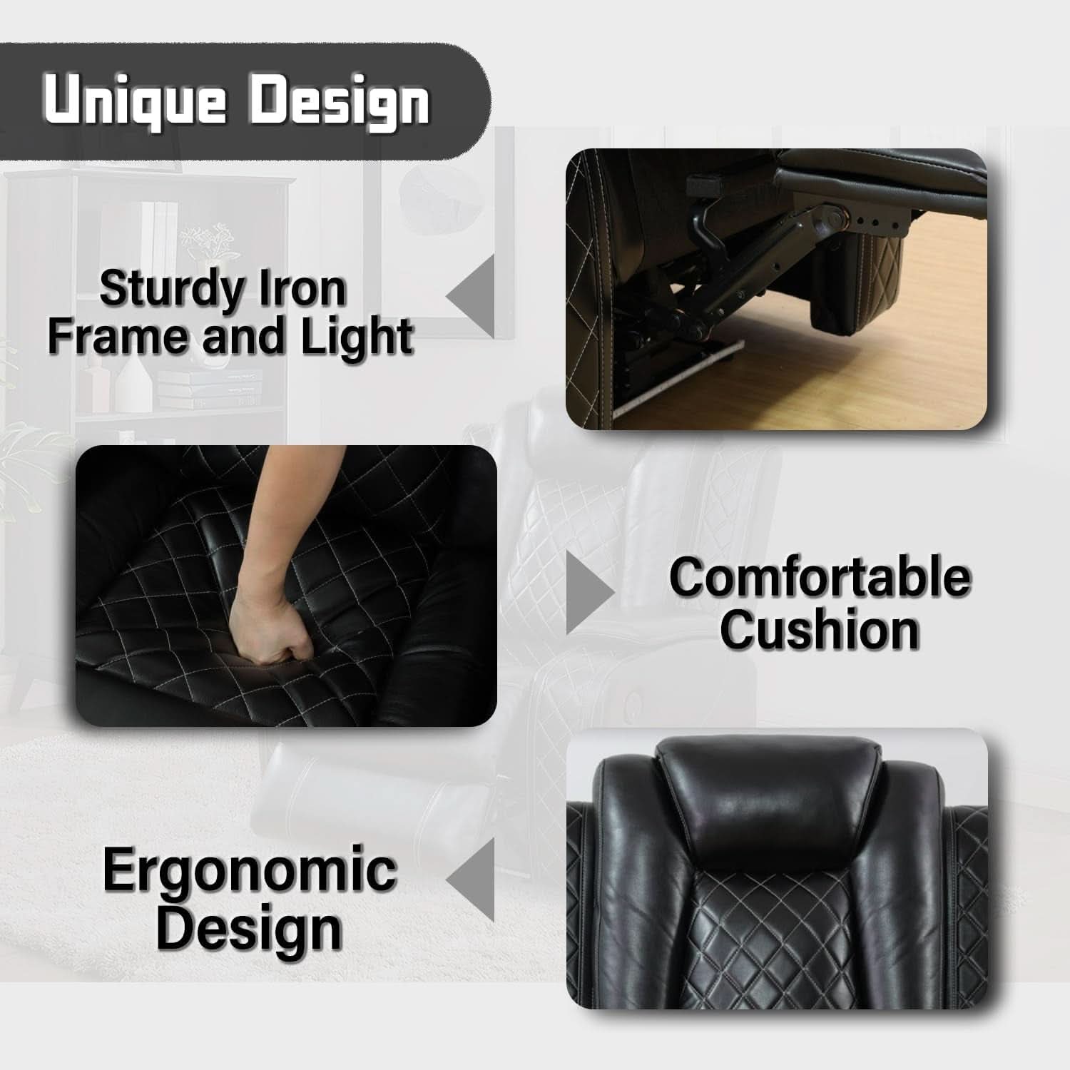 Leather Power Recliner Sofa Set With LED USB Ports Black