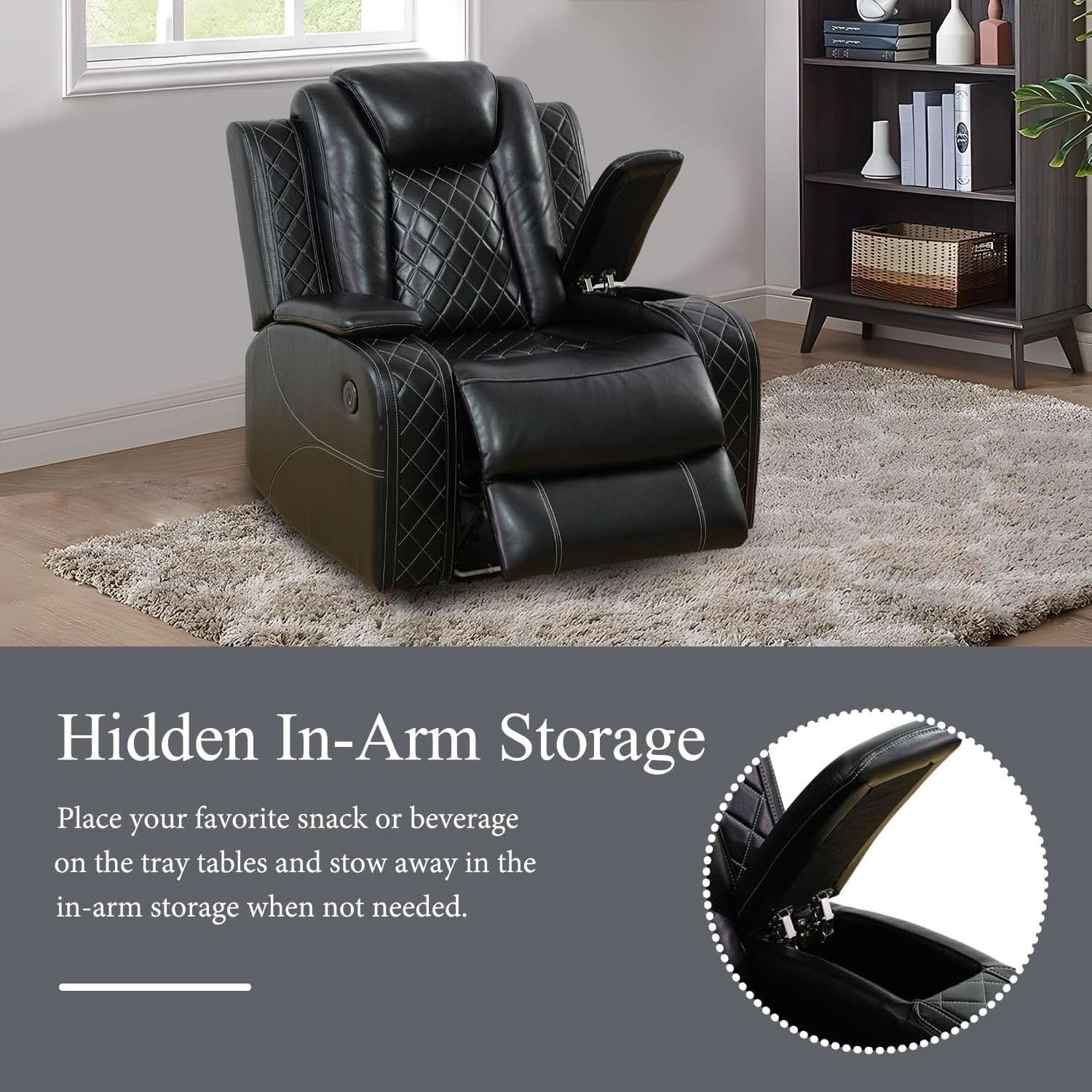 Leather Power Recliner Sofa Set With LED USB Ports Black